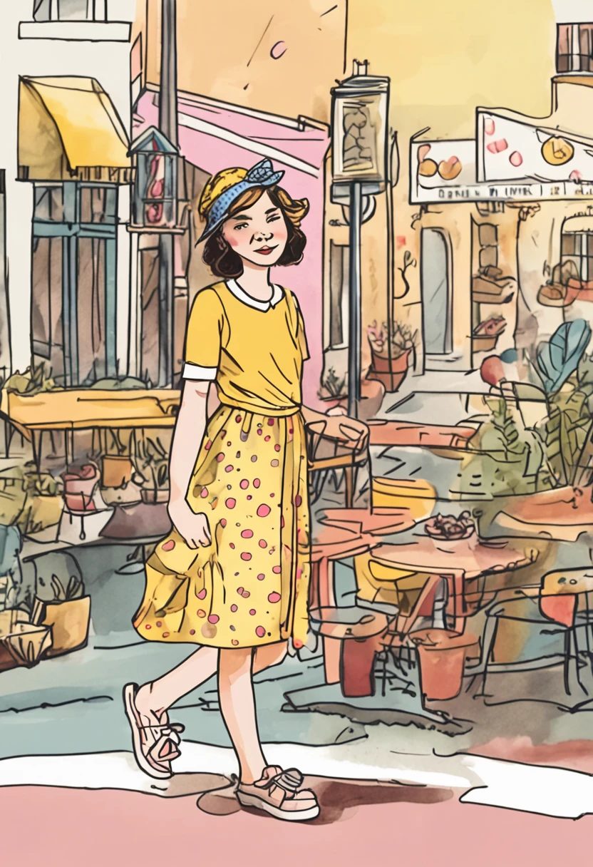 A painting of a mulhrer in a yellow shirt and polka-dot skirt with a pink hat, watercolor illustration style, trending on artstration, Estilo de desenho bonito, a beautiful artwork illustration, Primavera, Europa, Belo estilo de arte, cute illustration, full-colour illustration, hand painted cartoon art style, estilo aquarela, fanart menina urbana, inspirado em Ma Yuanyu, exciting illustration, estilo de desenho