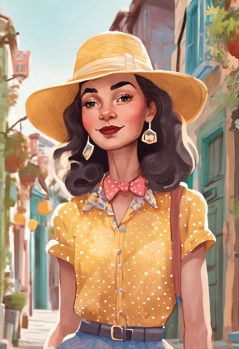 A painting of a mulhrer in a yellow shirt and polka-dot skirt with a pink hat, watercolor illustration style, trending on artstration, Estilo de desenho bonito, a beautiful artwork illustration, Primavera, Europa, Belo estilo de arte, cute illustration, full-colour illustration, hand painted cartoon art style, estilo aquarela, fanart menina urbana, inspirado em Ma Yuanyu, exciting illustration, estilo de desenho