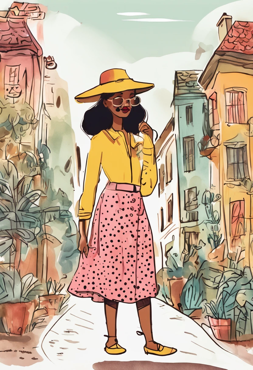 A painting of a mulhrer in a yellow shirt and polka-dot skirt with a pink hat, watercolor illustration style, trending on artstration, Estilo de desenho bonito, a beautiful artwork illustration, Primavera, Europa, Belo estilo de arte, cute illustration, full-colour illustration, hand painted cartoon art style, estilo aquarela, fanart menina urbana, inspirado em Ma Yuanyu, exciting illustration, estilo de desenho