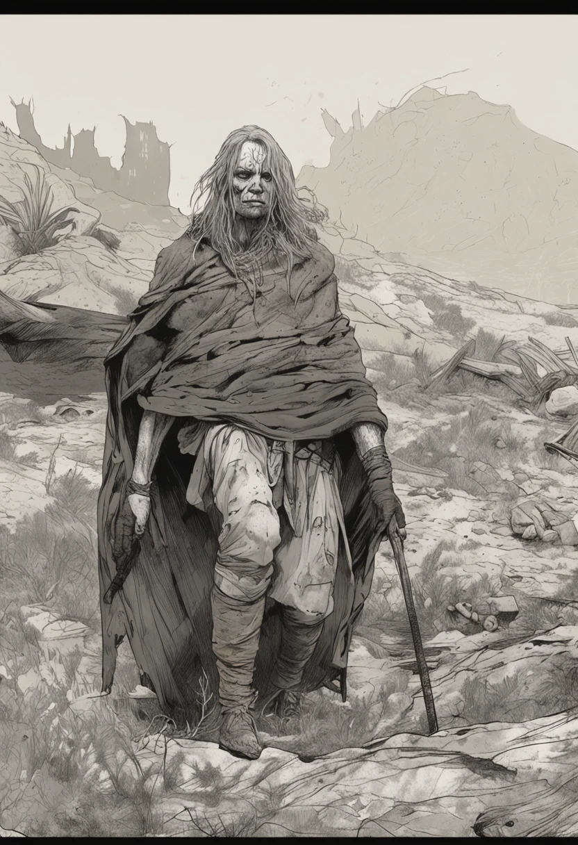 (Full body) Middle  aged homely Margot  Robbie;. Drina is draped in tattered and rotted clothing that seems to meld seamlessly with her surroundings. Her hair is unkempt and tangled, and her skin is marred with grime and dirt. Her eyes, however, gleam with a disturbing intelligence.  (Frank Frazetta) (masterpiece)