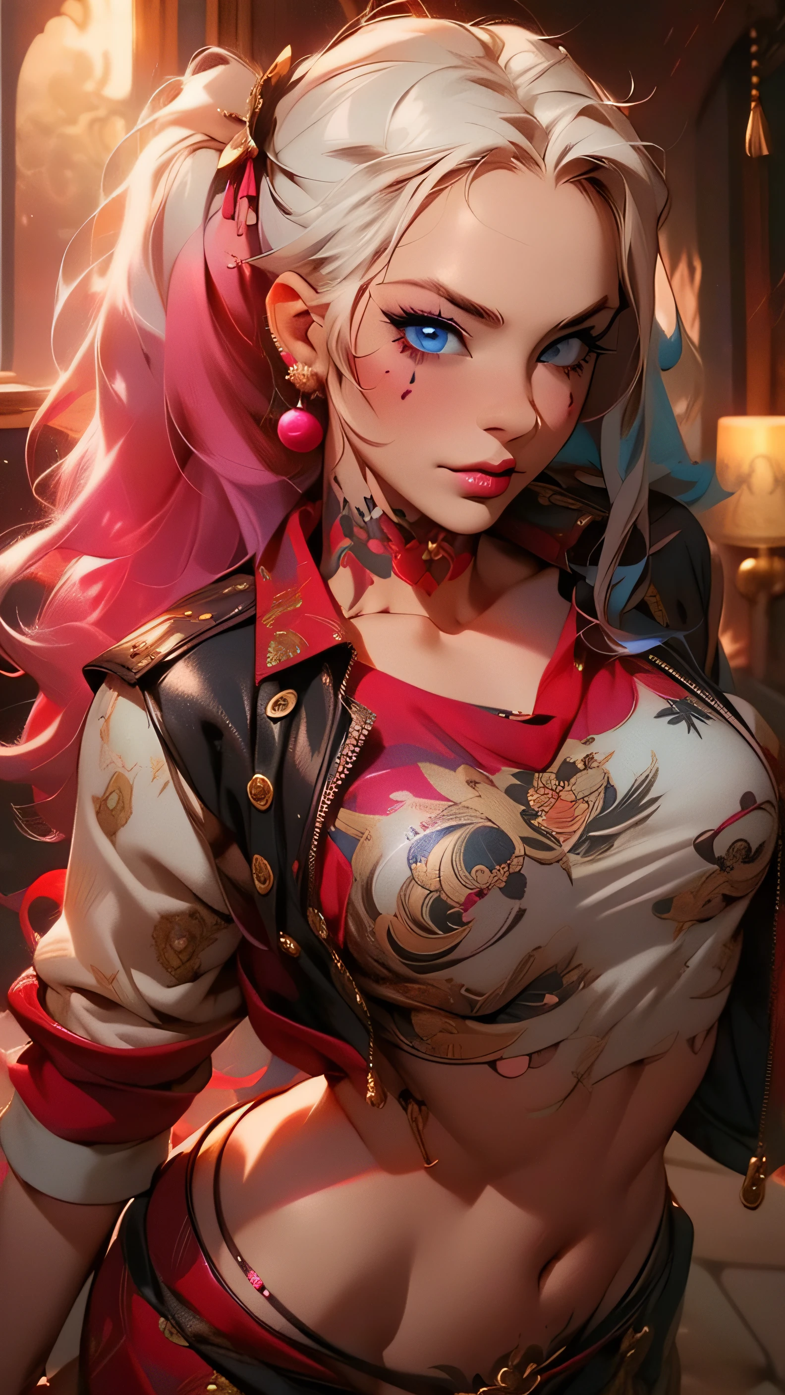 （masterpiece best quality：1.4），Clown Girl， （Tattooed with：1.5）， 独奏， hair flower， long whitr hair， eBlue eyes， looking at viewert， mediuml breasts， Tattooed with， brunette color hair， nipple tassels， exposed bare shoulders， By bangs， 耳Nipple Ring， inside in room， nape， cropped shoulders， jewely， eyeslashes， cparted lips， contours， hair-bun， nipple piercing， single hair bun，