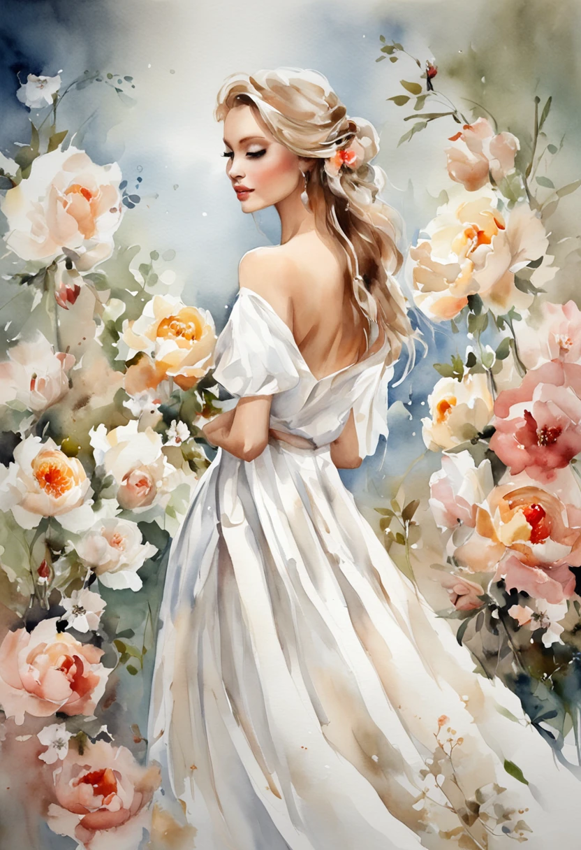 Beautiful woman with long legs wearing white silk，Flowers in hand，Wear a wedding dress