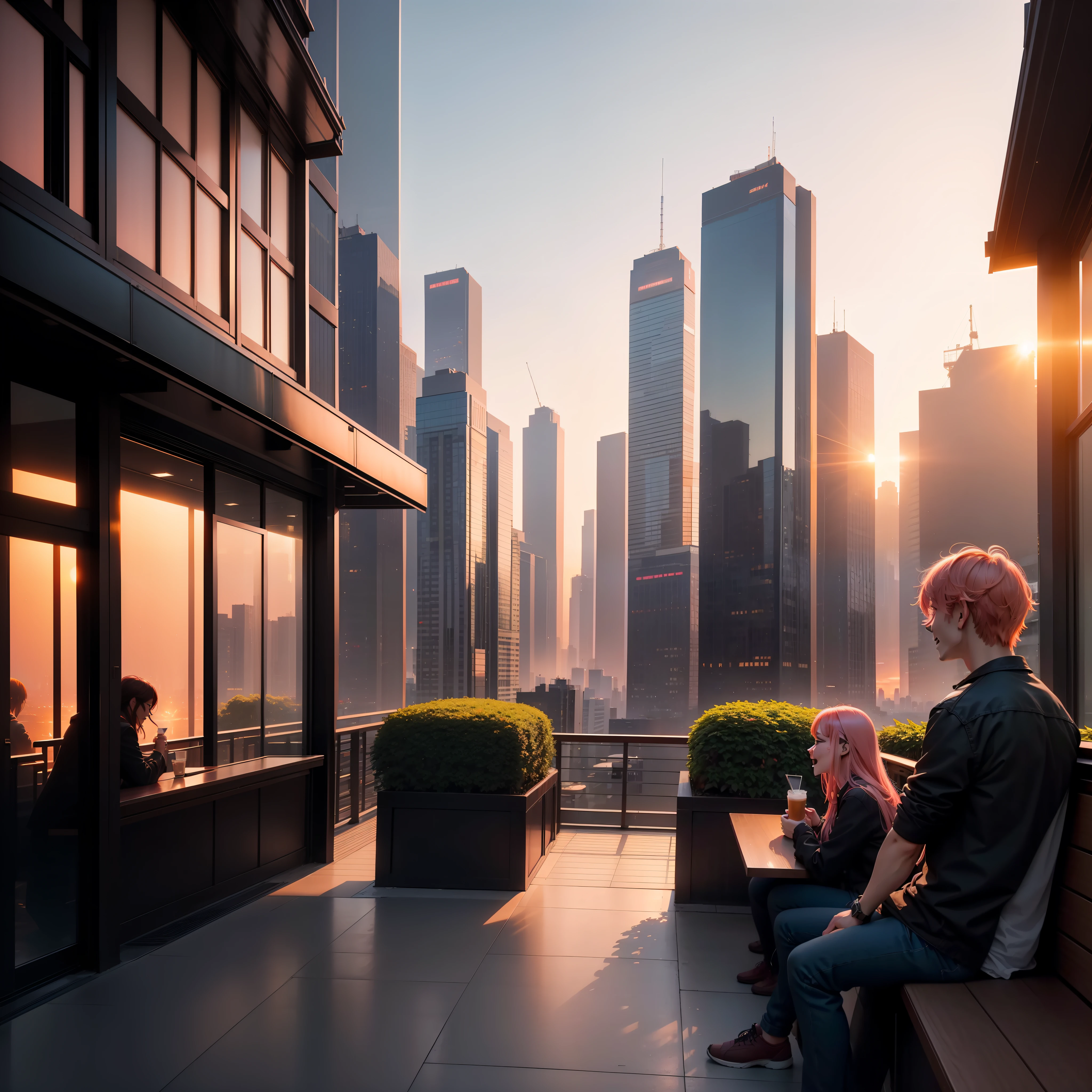at the sunset, 城市, Skyscrapers, a person々Flow of, Building windows, Warm light, Walkway, a person々, cafe terrace, Friends, Laughing, Skysky, an orange, pink there, tints, Urban hustle and bustle, Beautiful sunset, harmony