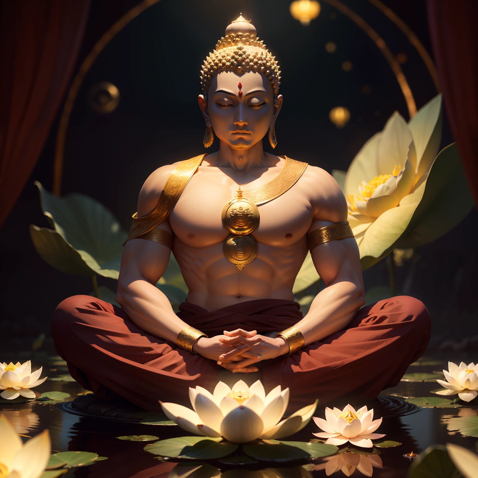 Such as Buddha,Shakyamuni,Son of the Buddha,Real men,Meditate,On the lotus,Jinding,Around the Golden Ring,cool guy,dream magical,Bokeh, depth of fields, hdr, flood, color difference, realisticlying, The is very detailed, 复杂, high detal,cartoony