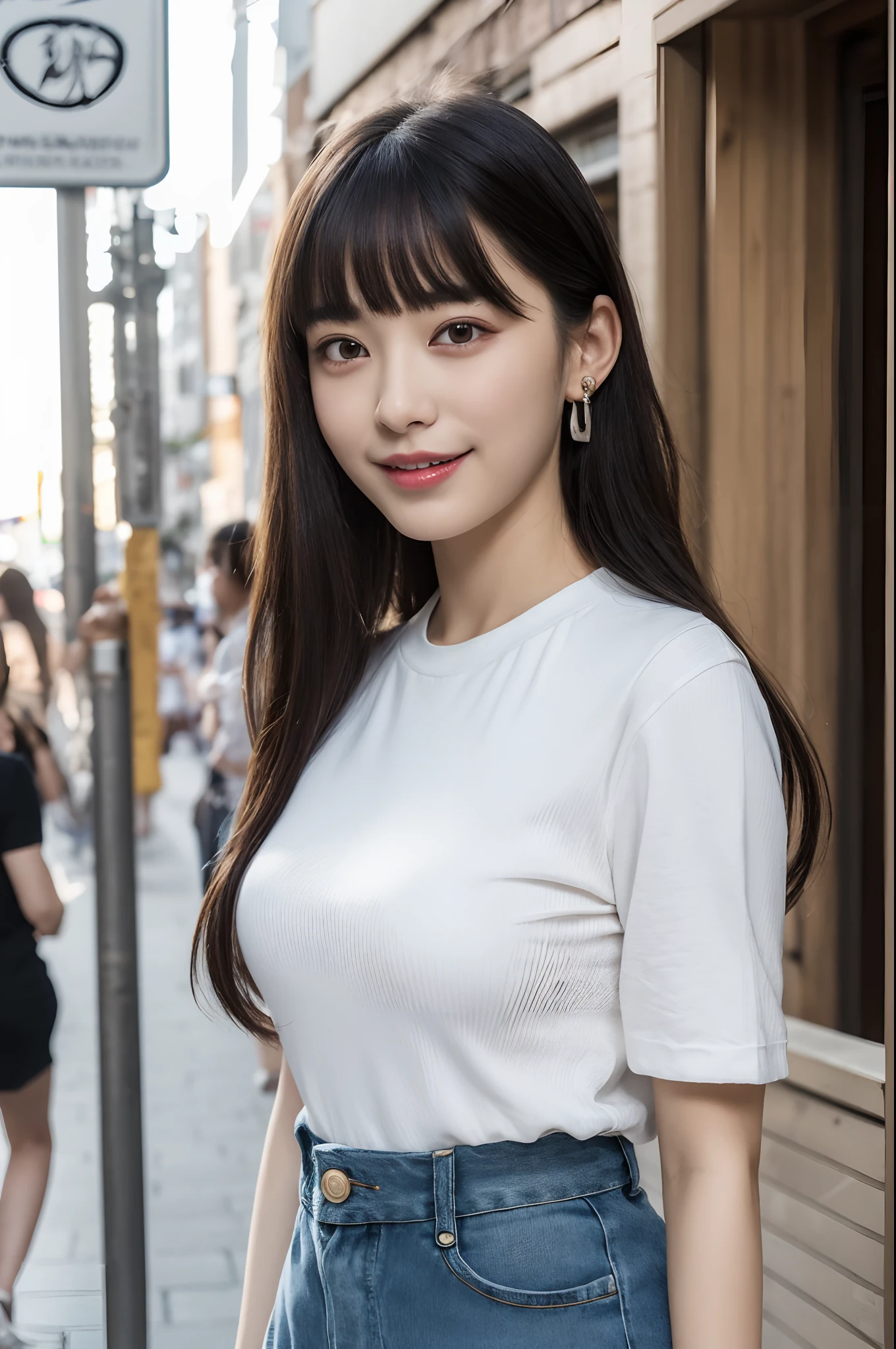 (8k, RAW Photo, Best Quality, Masterpiece:1.2), Ultra Detail, Super Resolution, (Realistic, Realistic Photo:1.37), Portrait, High Detail RAW Color Photo, Professional Photo, Extremely Detailed and Beautiful, Extremely detailed, 8k wallpaper, amazing and detailed, huge file size, official art, highly detailed CG unity 8k wallpaper, highly detailed beautiful girl, highly detailed face, highly detailed eyes, highly detailed skin, highly detailed fingers, highly detailed nose, very detailed detailed mouth , perfect anatomy, highly detailed background, highly detailed clothing, 1girl, (18:1.2), teen, cute girl, famous japanese idol, kawaii, realistic body, petite, fair skin, glowing skin , slim body , handsome body, black hair, long straight hair, (blunt bangs:1.2), smile, cute, youthful, cute face, realistic face, delicate eyes, drooping eyes, white t-shirt, skirt, earring, looking at viewer, cowboy shot, front Facing, Standing, Contraposto, High Street, Public, Crowd, Dynamic Lighting, Very Large Breasts,