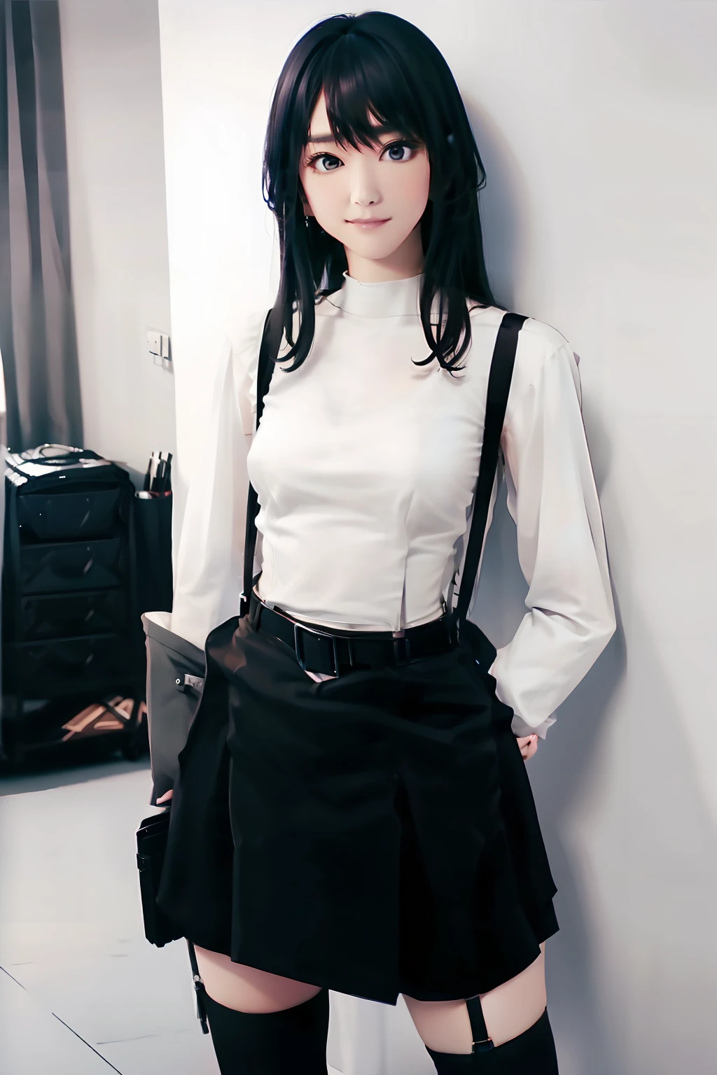 a black skirt, , Tank Tops suspenders, Long Black Hair, Gray eyes, holster, Garter belt on the legs, , moderate chest and tight clothes, both sides Behind no-bra a belt teats