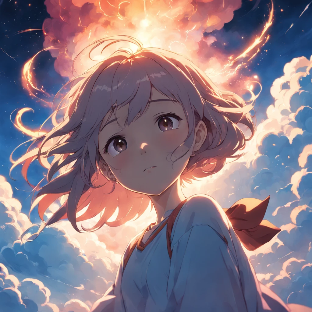 masterpiece, best quality, movie still, 1girl, cloud girl, floating in the sky, close-up, bright, happy, warm soft lighting, sunset, (sparks:0.7)
