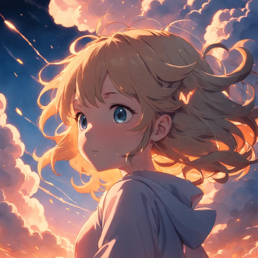 masterpiece, best quality, movie still, 1girl, cloud girl, floating in the sky, close-up, bright, happy, warm soft lighting, sunset, (sparks:0.7)