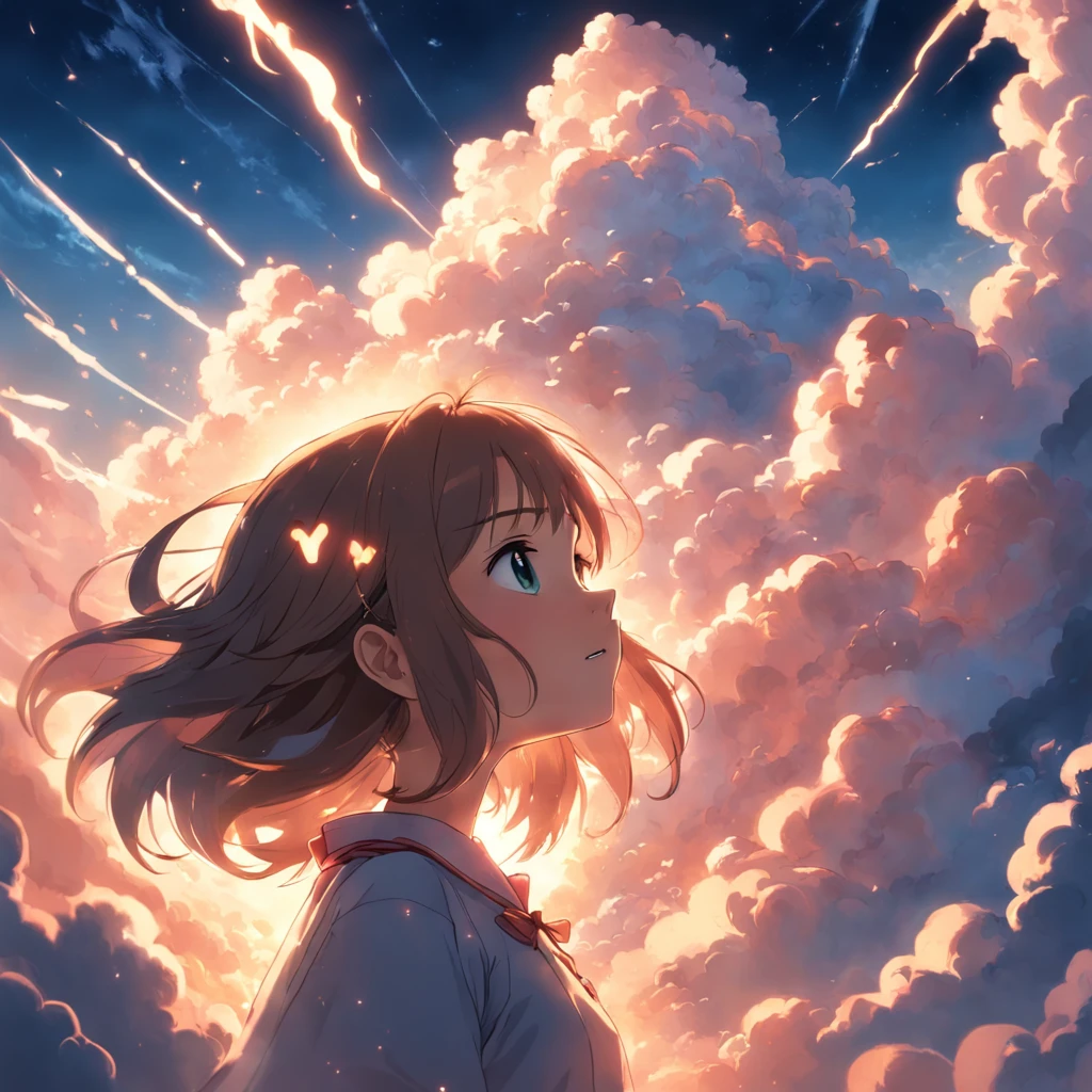 masterpiece, best quality, movie still, 1girl, cloud girl, floating in the sky, close-up, bright, happy, warm soft lighting, sunset, (sparks:0.7)