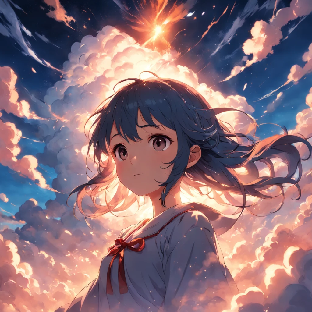 masterpiece, best quality, movie still, 1girl, cloud girl, floating in the sky, close-up, bright, happy, warm soft lighting, sunset, (sparks:0.7)