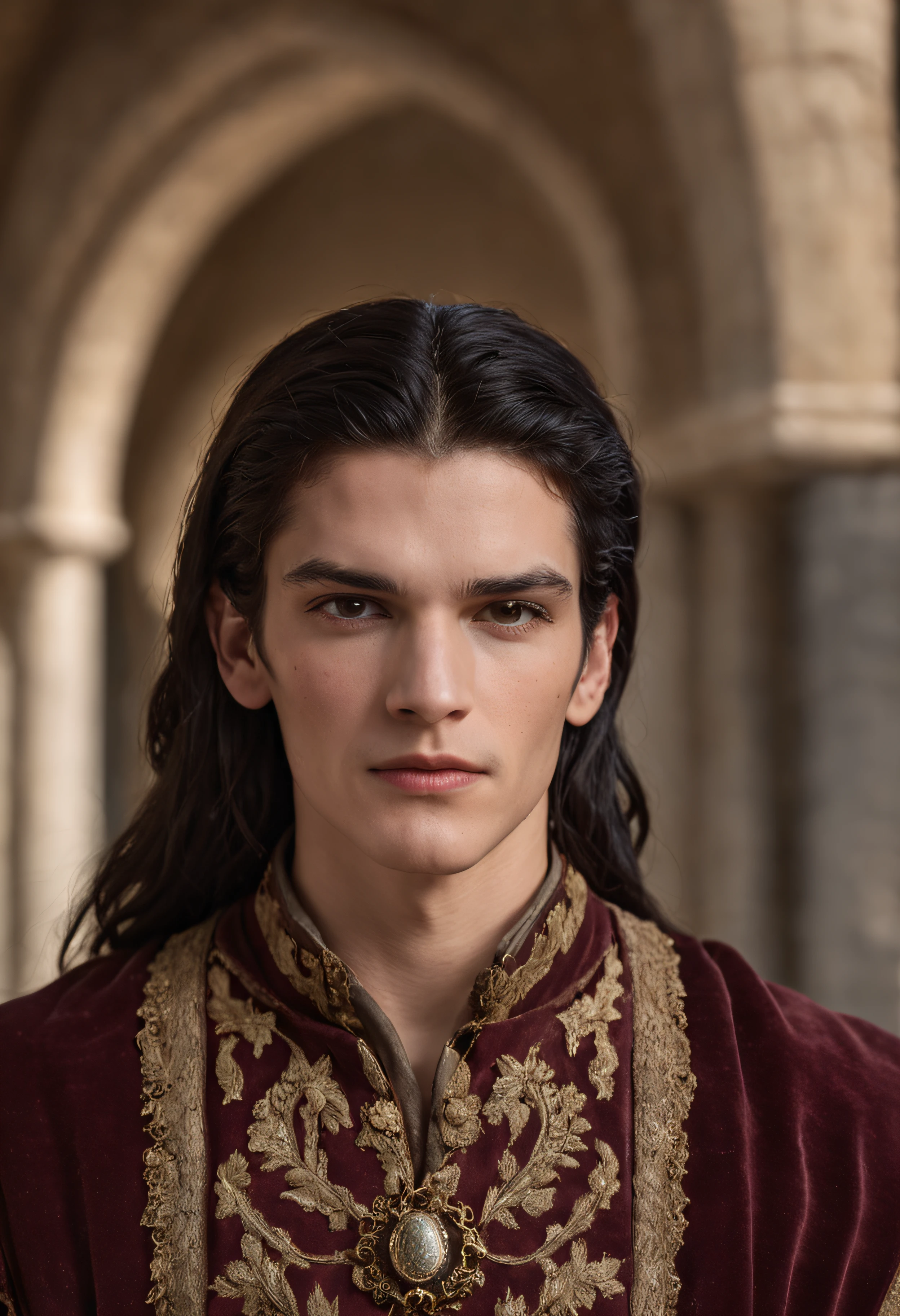 Portrait Photography, face shot of a mix between Brian Molko and Angie Harmon as a 20 year-old medieval fantasy male king, young, slim, androgynous look, mediterranean features, olive skin, dark piercing eyes, long oiled black hair, clean-shaven, medieval fantasy Atlantidean nice elegant rich embroidered royal regal sleveless tunic, filigree jewels and crown, serious expression, in a medieval fantasy atlantidean mediterranean palace, The colors are masterfully captured by Nikon D850 and a Nikon AF-S NIKKOR 70-200mm f/2.8E FL ED VR lens, Peter Jackson, fantasy, historical