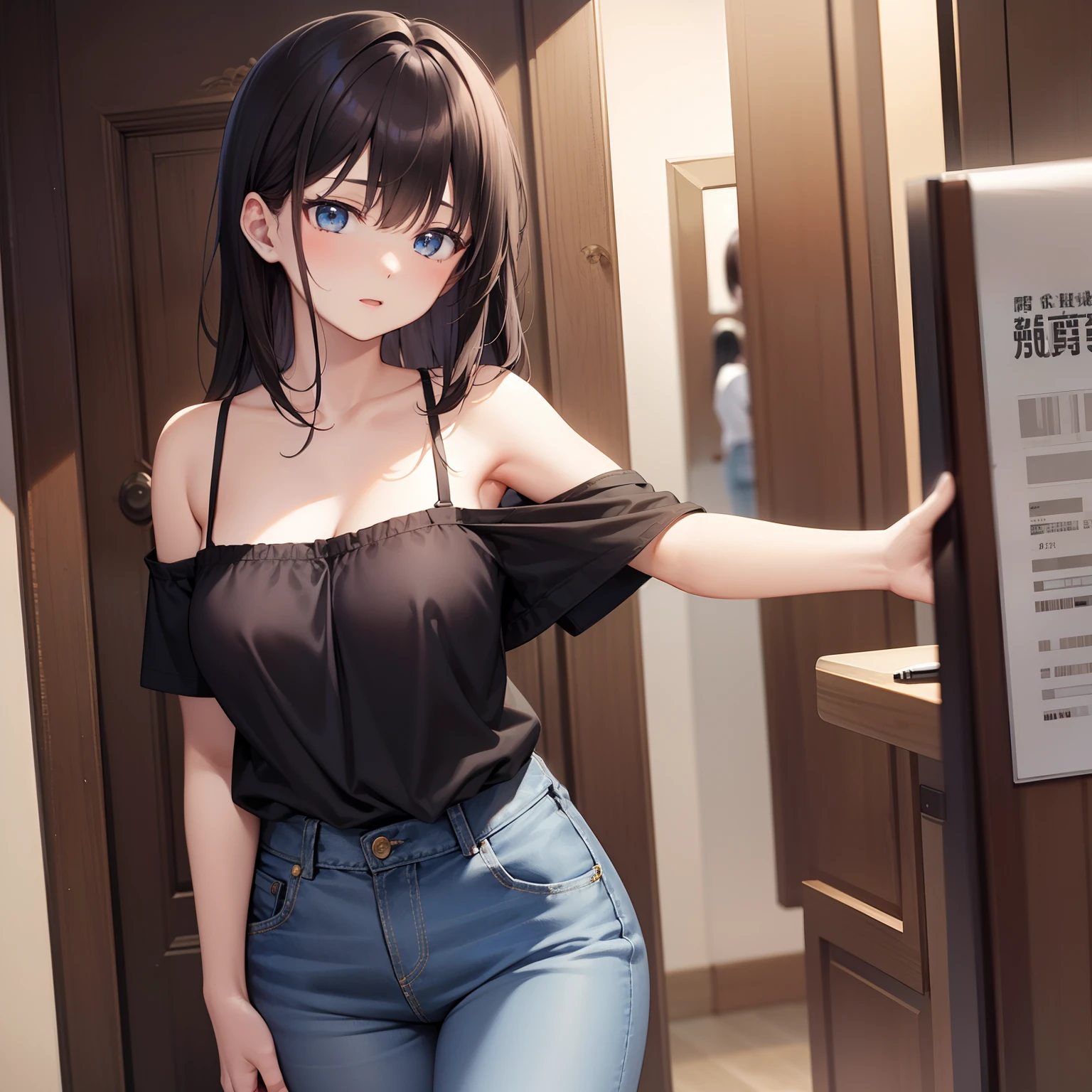 super high quality, ultla highres, hyper-detailed, high contrast, Ultrafine Strike, creative refinement,black hair,smile,Show cleavage,Blue camisole,living room,5 fingers,