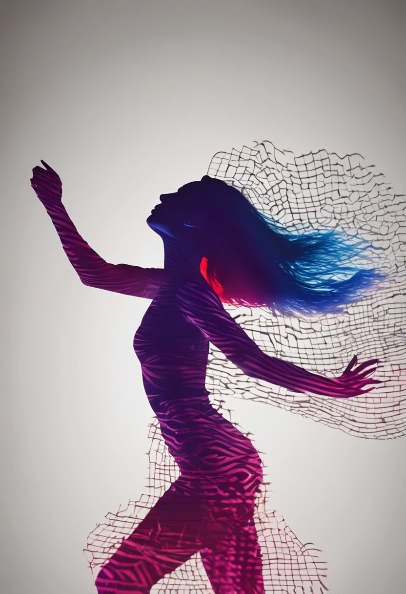 Woman dancing in silhouette、Perfect Style、Back lighting,with strobe light、Dramatic shadows and highlights、Create images with a sense of depth and three-dimensionality,1womanl,surrealism