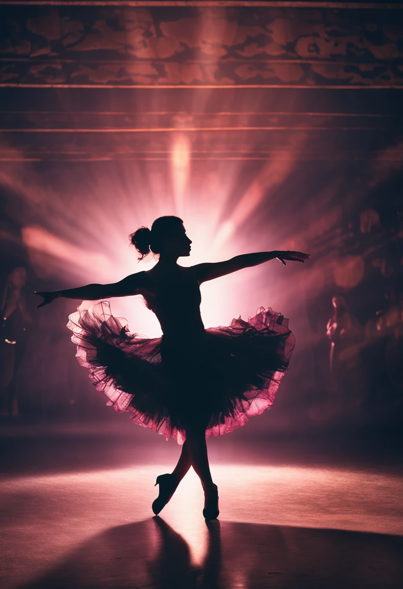 Woman dancing in silhouette、Perfect Style、Back lighting,with strobe light、Dramatic shadows and highlights、Create images with a sense of depth and three-dimensionality,1womanl,surrealism