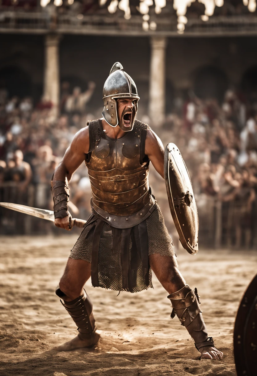 "A fierce gladiator is fighting in a battle against other gladiators in a medieval arena with an audience watching the fight. The gladiator is using a sword, a spear and a shield. He's angry and determined to win. His expression is fierce and his muscles are tense. He's ready to fight to the end. The image is high resolution and has good lighting. Os detalhes dos gladiadores, of the arena and the audience are clearly visible. The image is full of action and drama. It's an image that will capture your attention and keep you engaged."