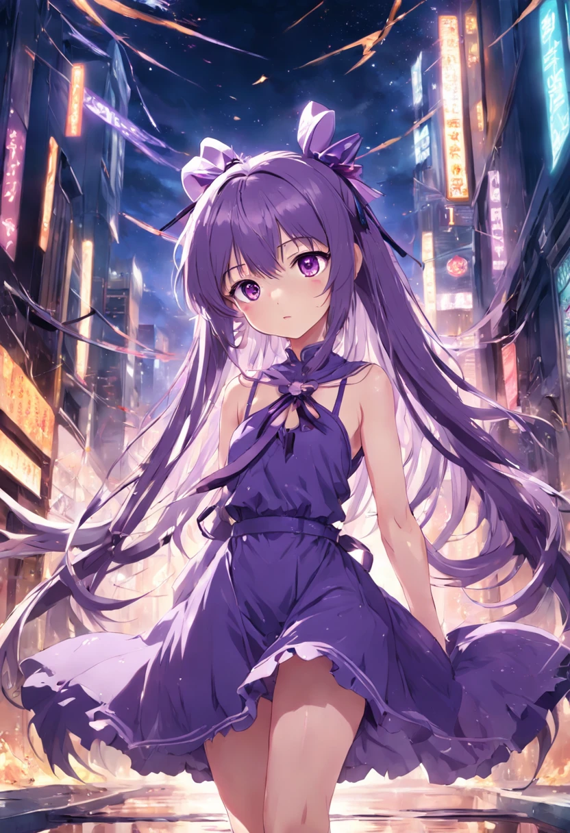 Anime girl with long hair and ribbon in purple dress, an anime drawing by Shitao, Pixiv Contest Winner, Hanging、auto-destructive art, anime moe art style, anime style 4 k, nightcore, Anime art wallpaper 8k, anime art wallpaper 4k, anime art wallpaper 4k, Dressed, splash art anime