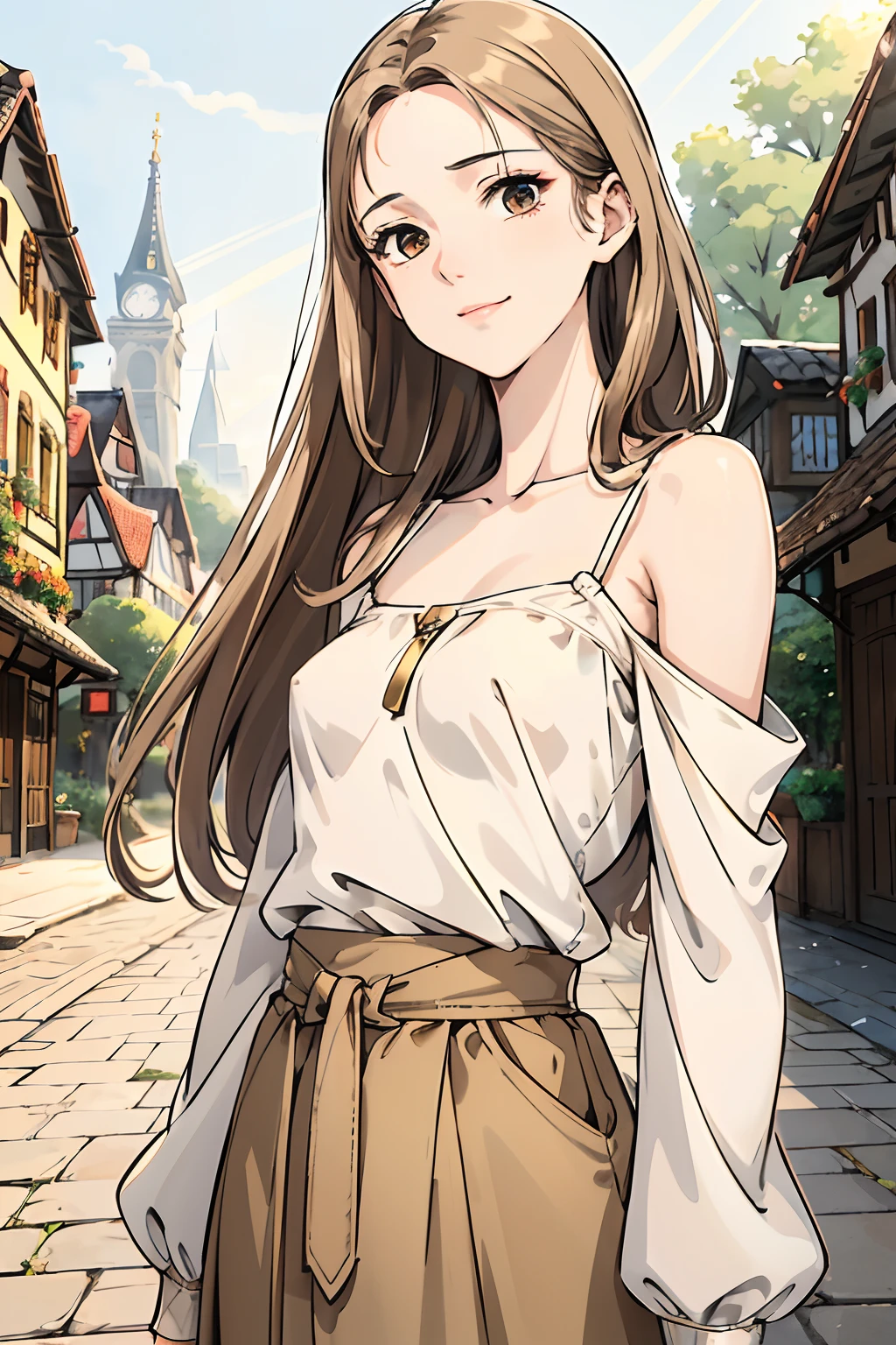 light brown Flared pants, white Cold-shouldered top, young adult, 20 years, European face structure, German face structure, light brown hair, short to mid long hair, beautiful hair, straight hair, brown eyes, striking light brown eyes, natural beauty, smile, small chest, masterpiece, European village background, nature background, old street background