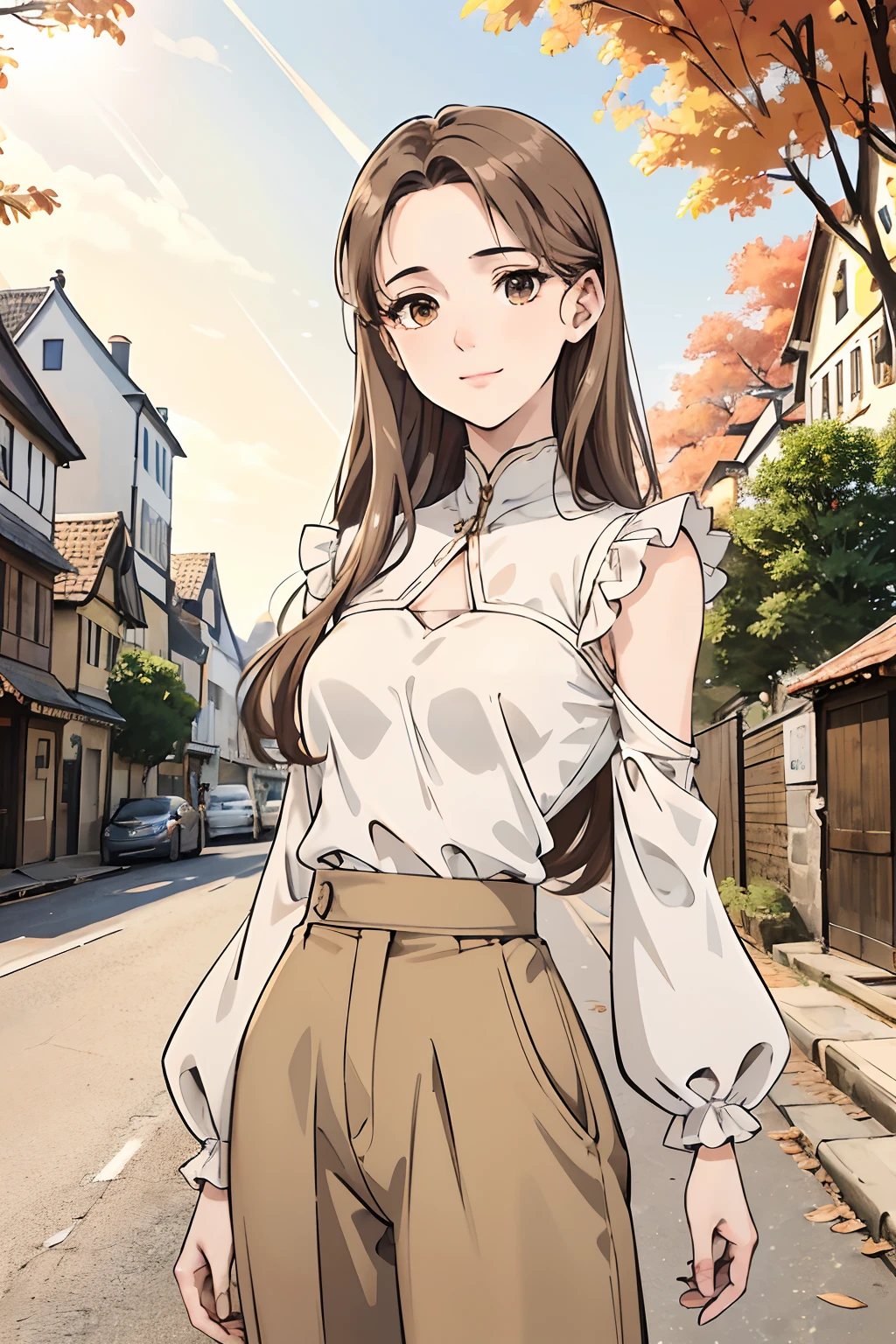 light brown Flared pants, white Cold-shouldered top, young adult, 20 years, European face structure, German face structure, light brown hair, short to mid long hair, beautiful hair, straight hair, brown eyes, striking light brown eyes, natural beauty, smile, small chest, masterpiece, European village background, nature background, old street background