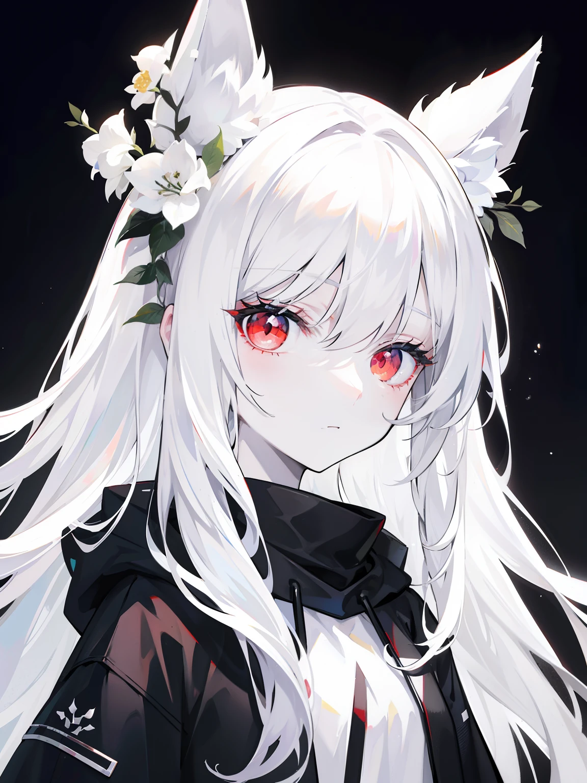 Pale skin, White hair, Black hoodie, White flowers, flowers in head, double tails, , Solo,{{Best quality}}, {{Masterpiece}}, {{Ultra-detailed}}, {illustration}, {Detailed light}, Red eyes,Long hair,