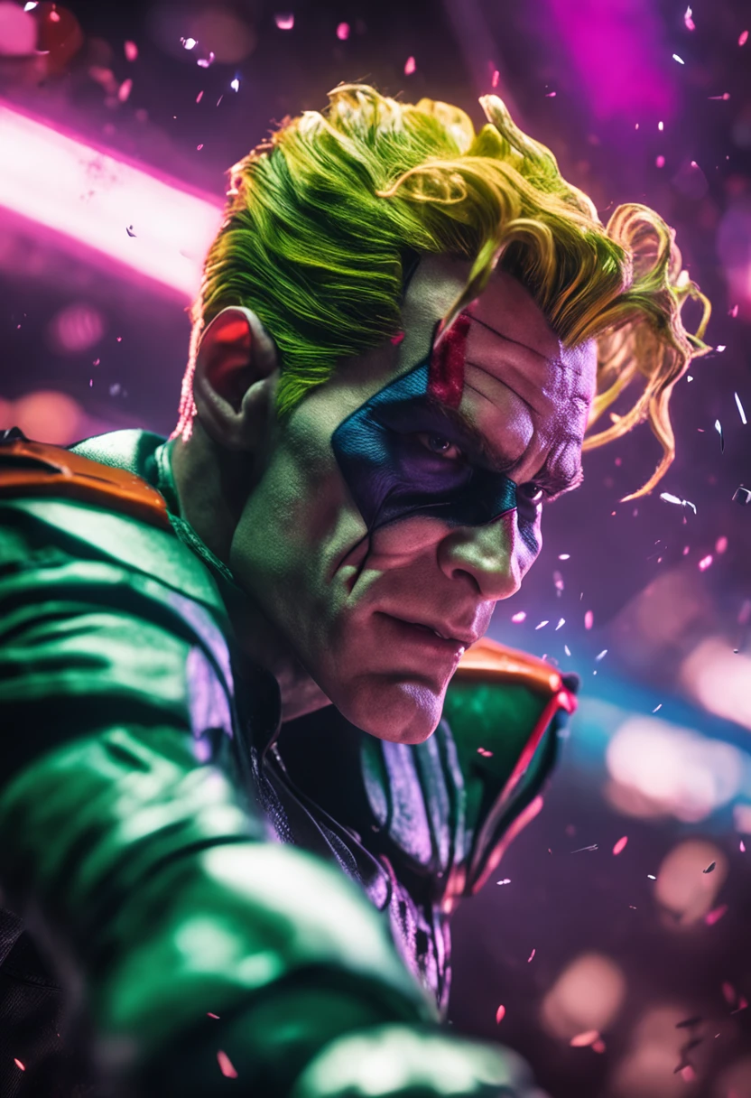 (8k, RAW photo, best quality, masterpiece:1.2), ultra detailed, official art, photo-realistic:1.37, upper body shot, DC Joker, film grain, action pose