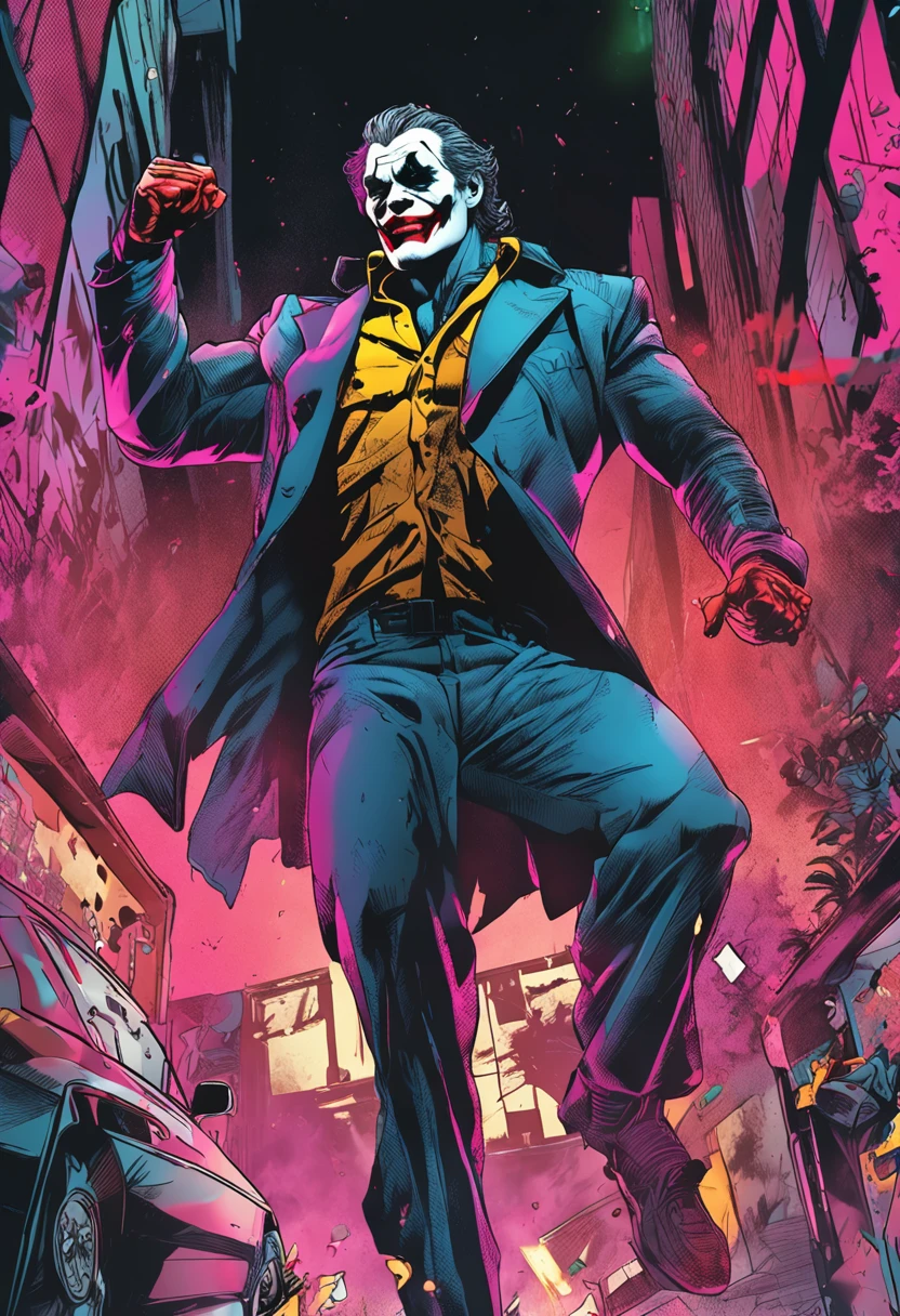 (8k, RAW photo, best quality, masterpiece:1.2), ultra detailed, official art, photo-realistic:1.37, upper body shot, DC Joker, film grain, action pose
