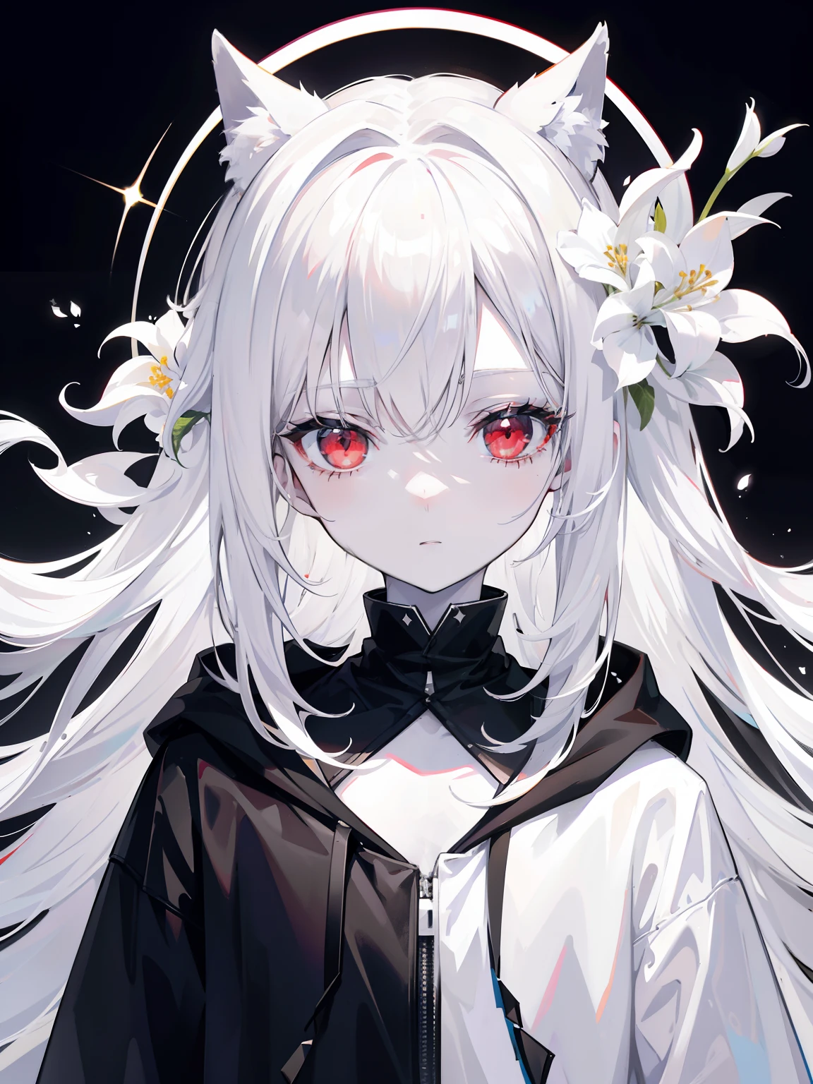 Pale skin, White hair, Black hoodie, White flowers, flowers in head, double tails, Loli, Solo,{{Best quality}}, {{Masterpiece}}, {{Ultra-detailed}}, {illustration}, {Detailed light}, Red eyes,Long hair,