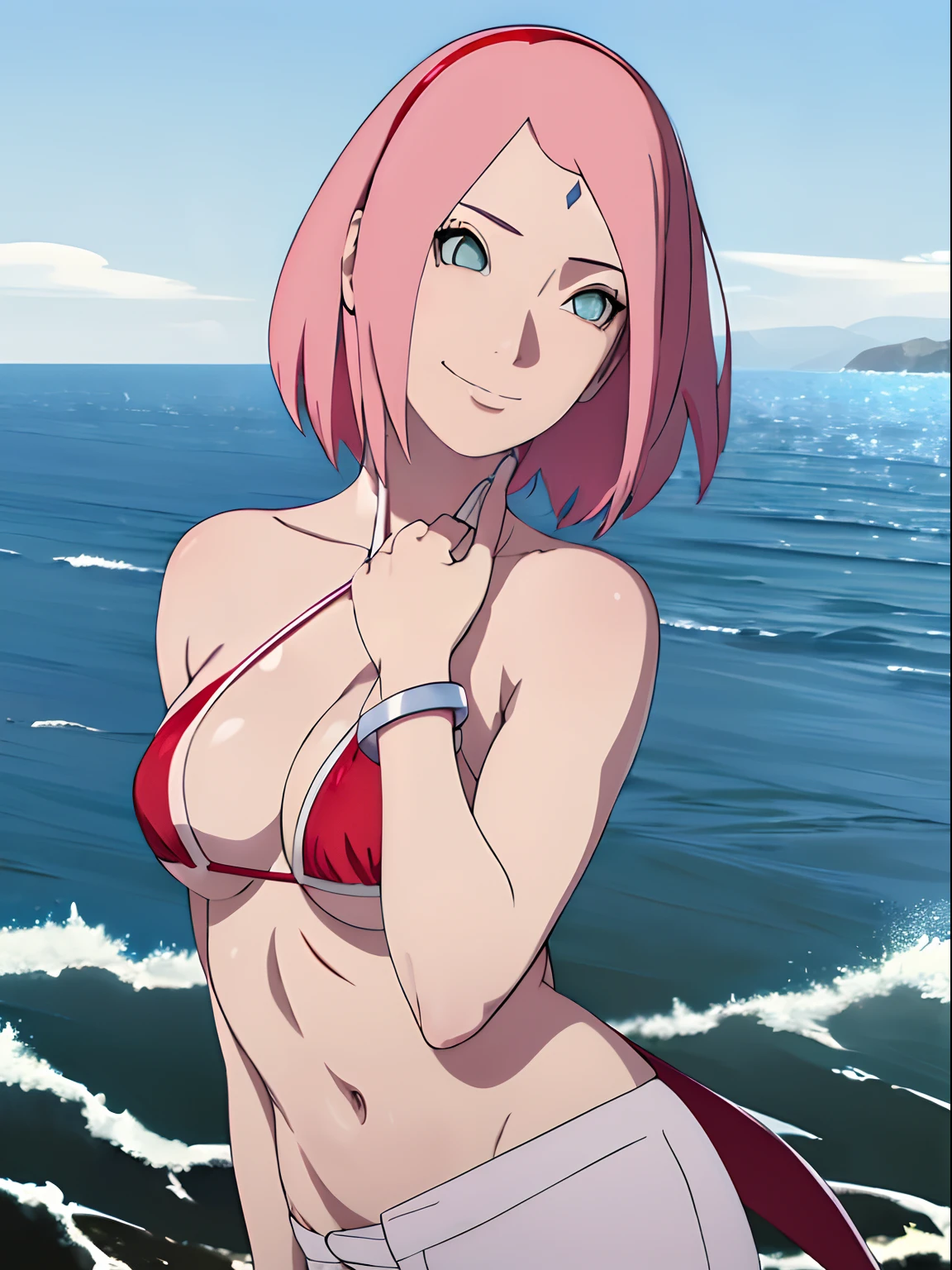 masterpiece, 4k, portrait, anime style, cowboy shot, professional artwork, detailed beach background, intricate details, colorful, digital blending, (ultra detailed body, ultra detail hair, ultra detail face), trending on pixiv, kind smile, best quality, anime style: 1.9, 1girl, hires, haruno sakura, (forehead mark, milf, red hairband, pale skin, small breasts, short hair, ((bare neck, red (micro) bikini top, (bikini top only)), white pants), (navel, belly button, bracelet, pink hair, closed mouth, big eyes), smile, beach, wind, floating hair, detailed arms, off-shoulders, broad shoulders, (slightly muscular arms, slightly strong biceps), standing)