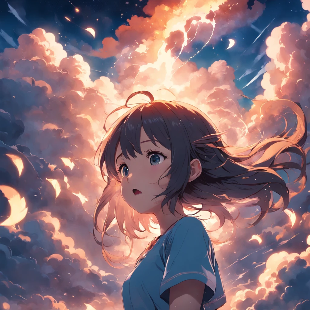 masterpiece, best quality, movie still, 1girl, cloud girl, floating in the sky, close-up, bright, happy, warm soft lighting, sunset, (sparks:0.7)