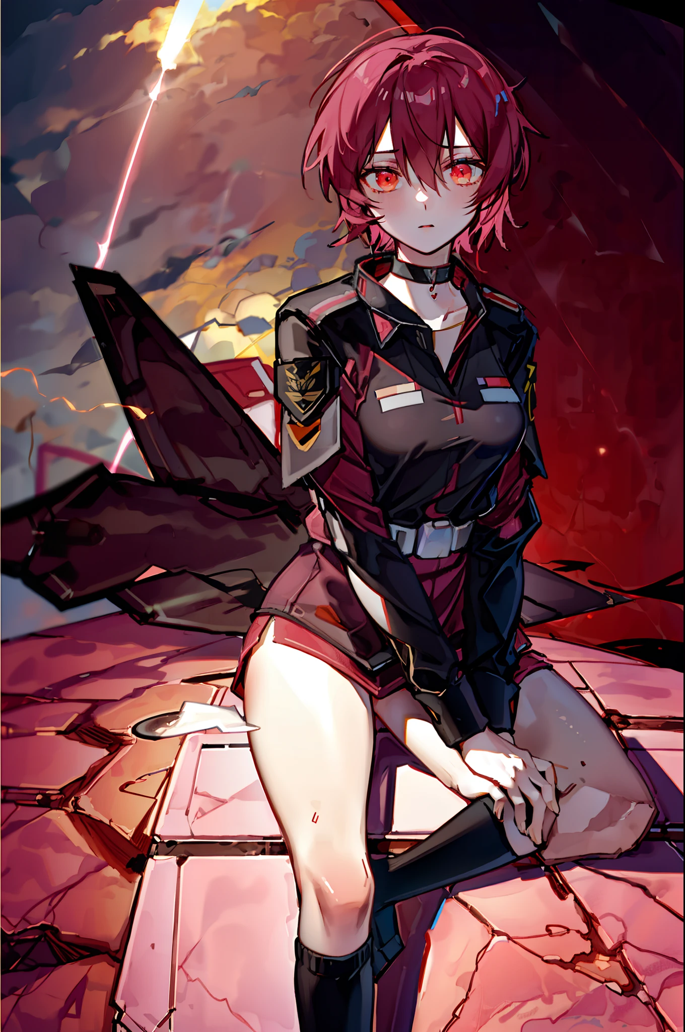 American tomboy girl, pink-red short hair, black choker necklace, black long sock, us airforce clothes, sexy, missile, eagle wing, F22 raptor wing, red eye