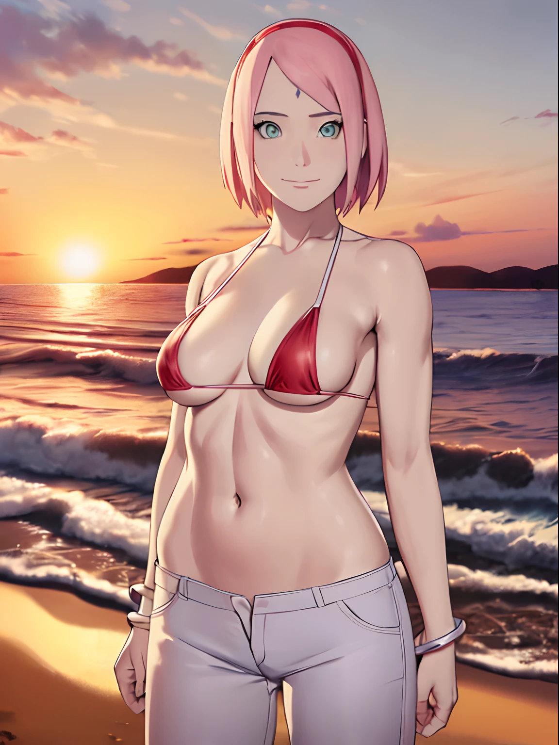 masterpiece, 4k, portrait, anime style, cowboy shot, professional artwork, detailed beach background, intricate details, colorful, digital blending, (ultra detailed body, ultra detail hair, ultra detail face), trending on pixiv, kind smile, best quality, anime style: 1.9, 1girl, hires, haruno sakura, (forehead mark, milf, red hairband, pale skin, small breasts, short hair, ((bare neck, red (micro) bikini top, (bikini top only)), white pants), (navel, belly button, bracelet, pink hair, closed mouth, big eyes), smile, beach, wind, floating hair, detailed arms, off-shoulders, broad shoulders, (slightly muscular arms, slightly strong biceps), standing)