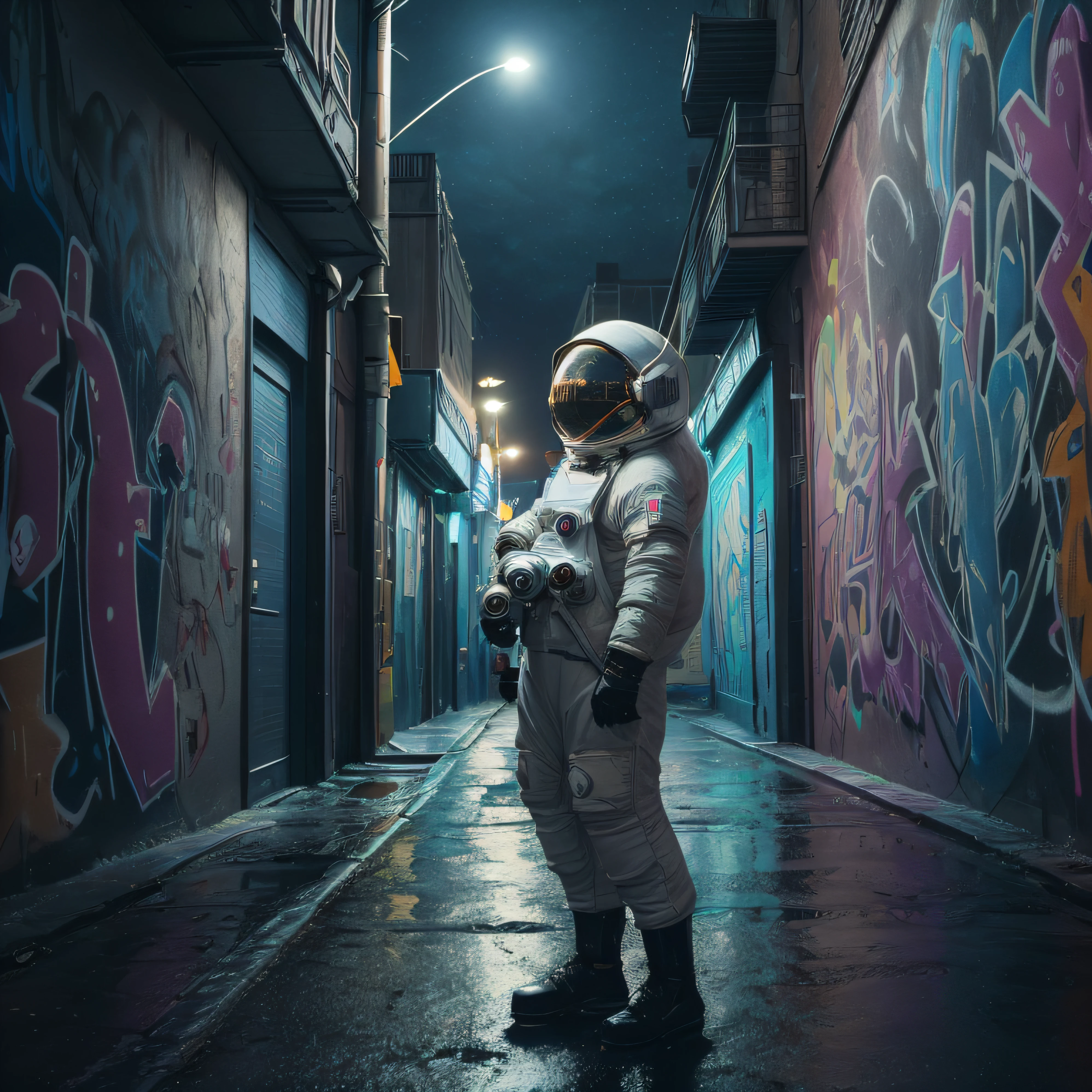 "Nighttime urban scene with atmospheric street lighting, featuring an (astronaut:1.4) looking to wall (vibrant graffiti wall:1.2). (wet street:1.2), side view, wide angle lens"