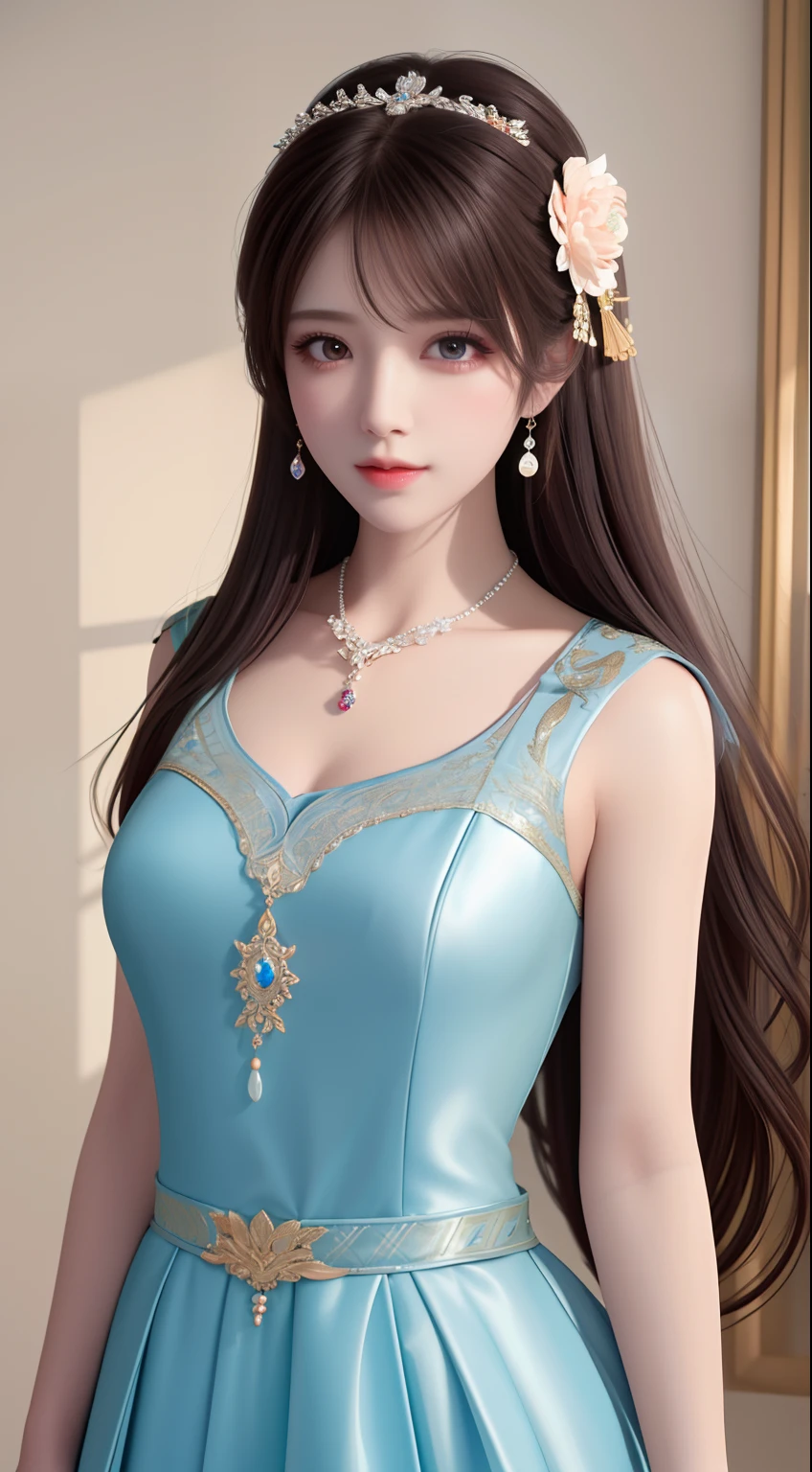 A woman in a blue dress with a flower in her hair - SeaArt AI