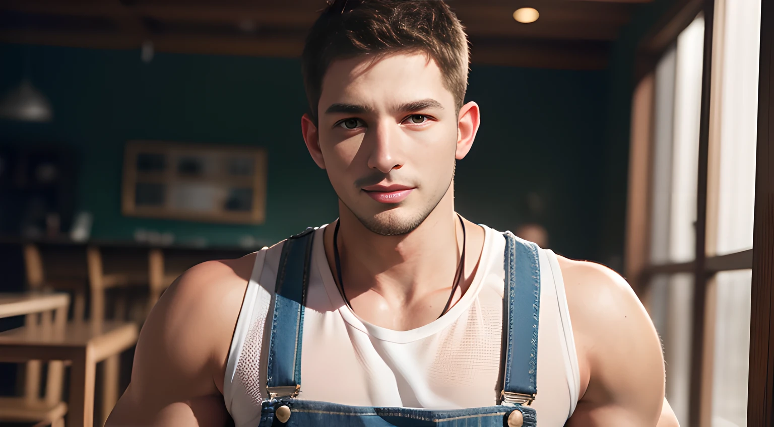 ((Men only)), (head shot), (look straight), (handsome muscular man in his 20s), ((wearing overalls on bare skin)), naked, (Chris Redfield), (Mischievous smile), (detaile: 1 in 1), Natural muscles, HIG quality, beautidful eyes, (Detailed face and eyes), (Face、: 1 / 2), Noise, Real Photographics、... .................................................................................................................PSD, Sharp Focus, High resolution 8K, realisitic & Professional Photography, 8K UHD, Soft lighting, High quality, Film grain, FujifilmXT3