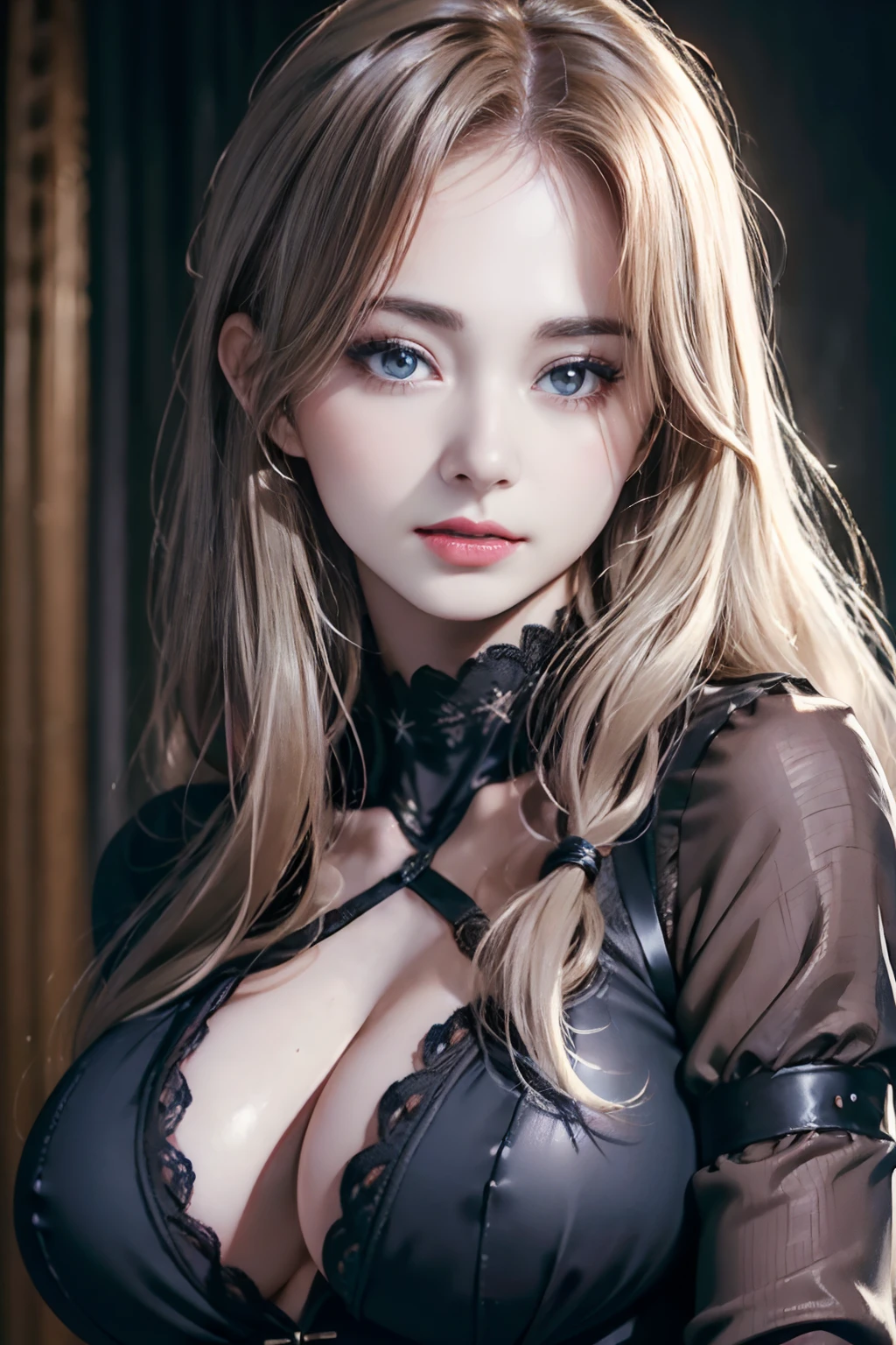 (Raw photo, Best Quality), ((nostalgia,Cile in the 1980s)),(Girl in a literary atmosphere:1.2),(Realistic, Photorealsitic:1.3), (Huge boobs:1.6), (Long wavy blonde hair in braids), a blond, Choker,very pale skin,hyperdetailed face, Detailed lips, black lipstick, Fine eyes, Double eyelids, Tight goth clothes, Extremely delicate and beautiful, amazing, finely detail, masutepiece, Ultra-detailed, hight resolution,Best Illustration, Best Shadow,Convoluted,depth of fields,(closeup portrait of a young beautiful woman:1.2),Long hair,hair messy,((((lowkey,Dark Scene,The dim)))),(((Soft lighting:1.4))),(pale skin:1.4),(Shy smile),(Cinematic Angle),Sharp Focus, Volumetric fog, 8K UHD, Digital SLR, High quality,( Film grain:1.4), FujifilmXT3,(Looking at Viewer), pale skin, Full body shot