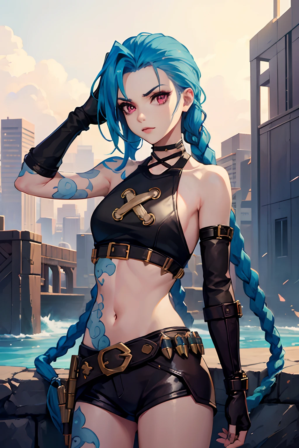 Jinx,having fun，Crop topping，Open chain，Get close to the lens，highly rendered，detailed face with，Fleshy thighs