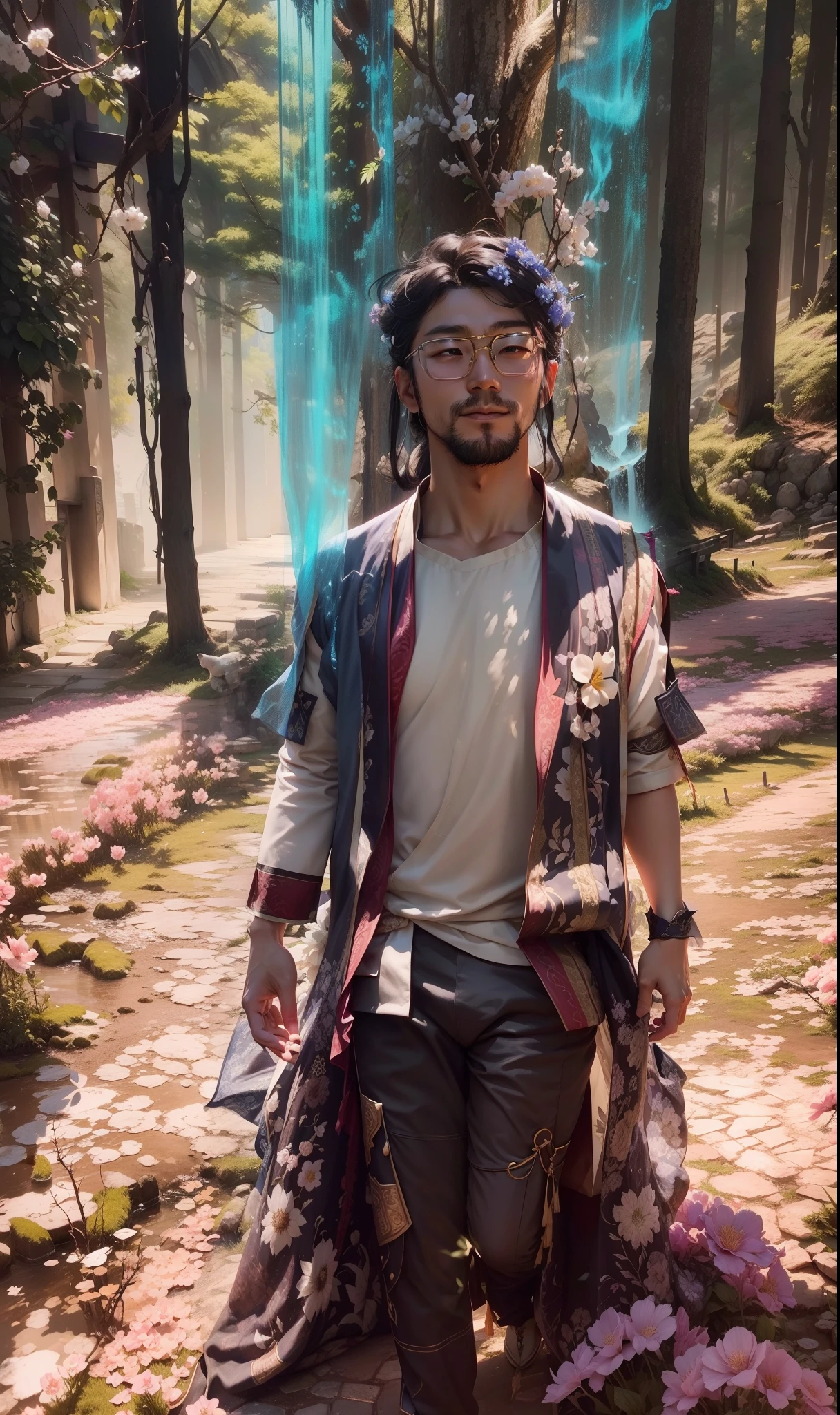 Mister Hanfu,Elegant literature,Fresh and natural,Flowers,The costumes are gorgeous,Exquisite details,Bright soft light,Gentle smile,Pastel tones,The breeze is blowing,Ancient rhyme
