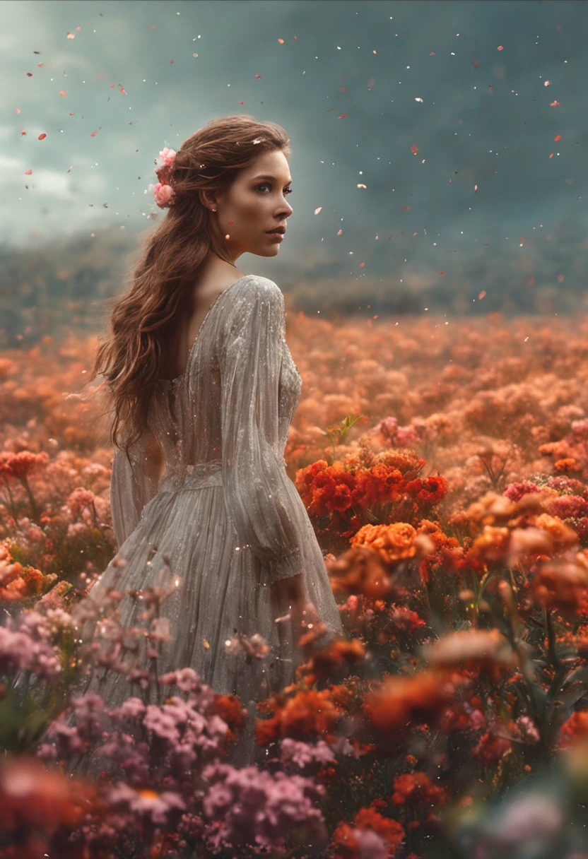 There is a woman standing in a flower field in the rain, a goddess in a field of flowers, karol bak uhd, Girl in flowers, Flower storm portrait, Girl front in the flower field, Beautiful Ultra HD 4K art, girl in a flower field, in a field of flowers, woman in flowers, Highly Detailed 4K Digital Art
