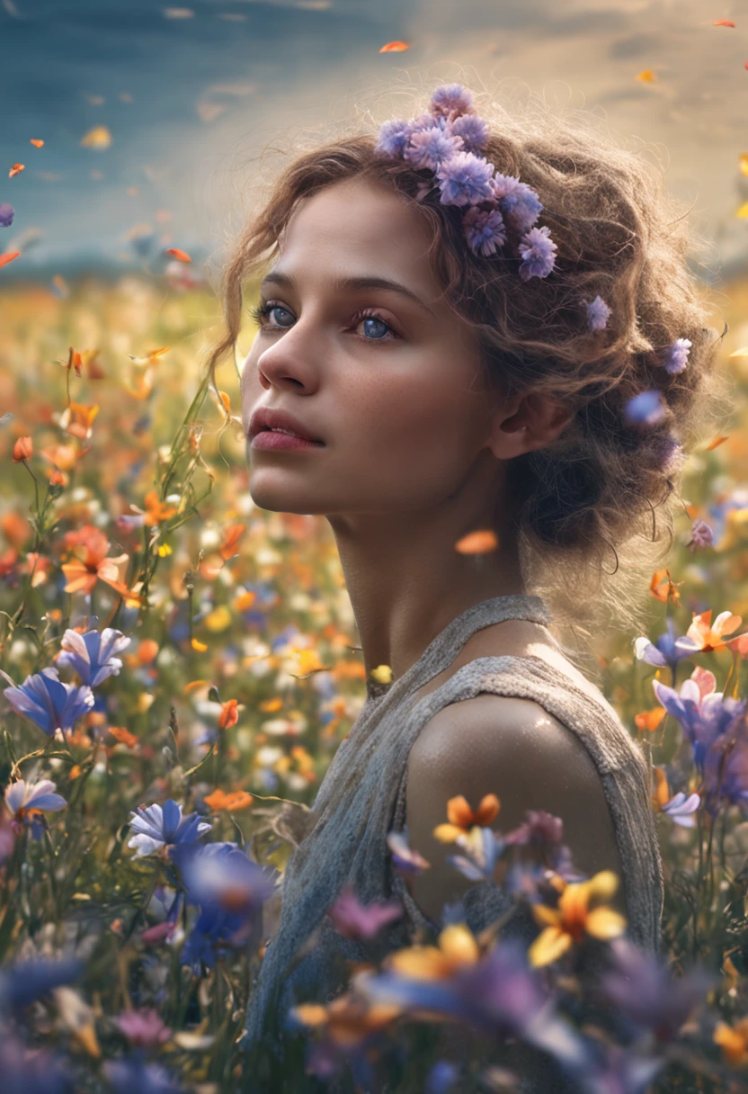 There is a woman standing in a field of flowers in the rain, uma deusa em um campo de flores, karol bak uhd, nas flores, Retrato da tempestade da flor, Frontal da menina campo da flor, Arte bonita UHD 4K, menina em um de flores, em um campo de flores, mulher nas flores, Arte digital altamente detalhada em 4k