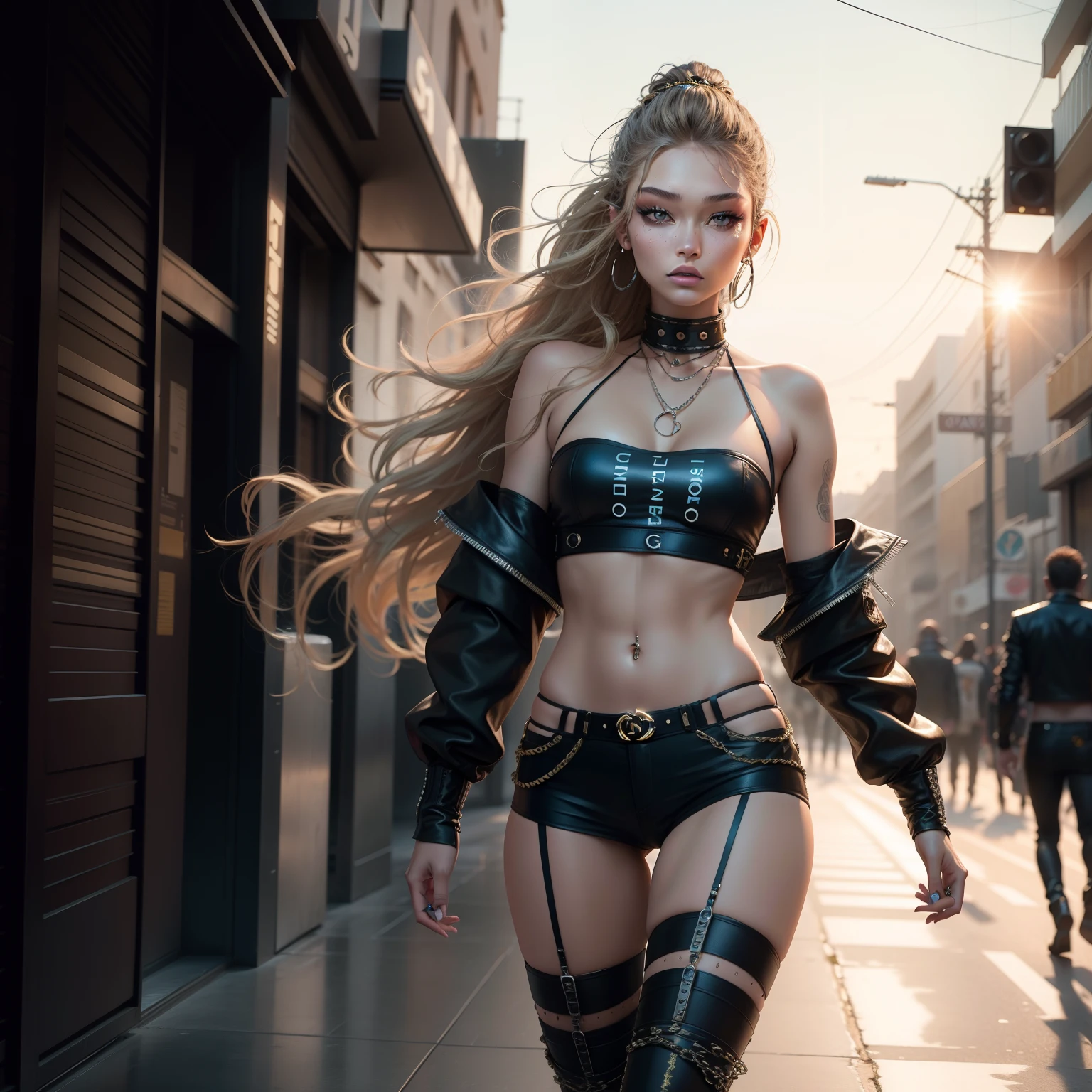 Solar Punk Fashion Runaway Gigi Hadid Catwalk Movie Still, Photoreal, Photorealistic, Highly detailed, Fear of God, Cinematic, Fashion, Chanel's runaway, catwalk, Model, high fashion, spring, Versace Runaway, Gigi Hadid