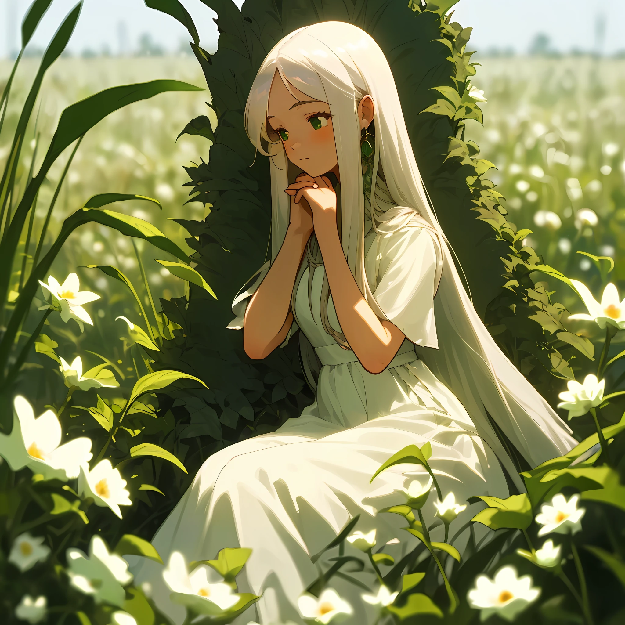 masterpiece, best quality),1girl with long white hair sitting in a field of green plants and flowers, hand under chin, warm lighting, white dress, blurred foreground