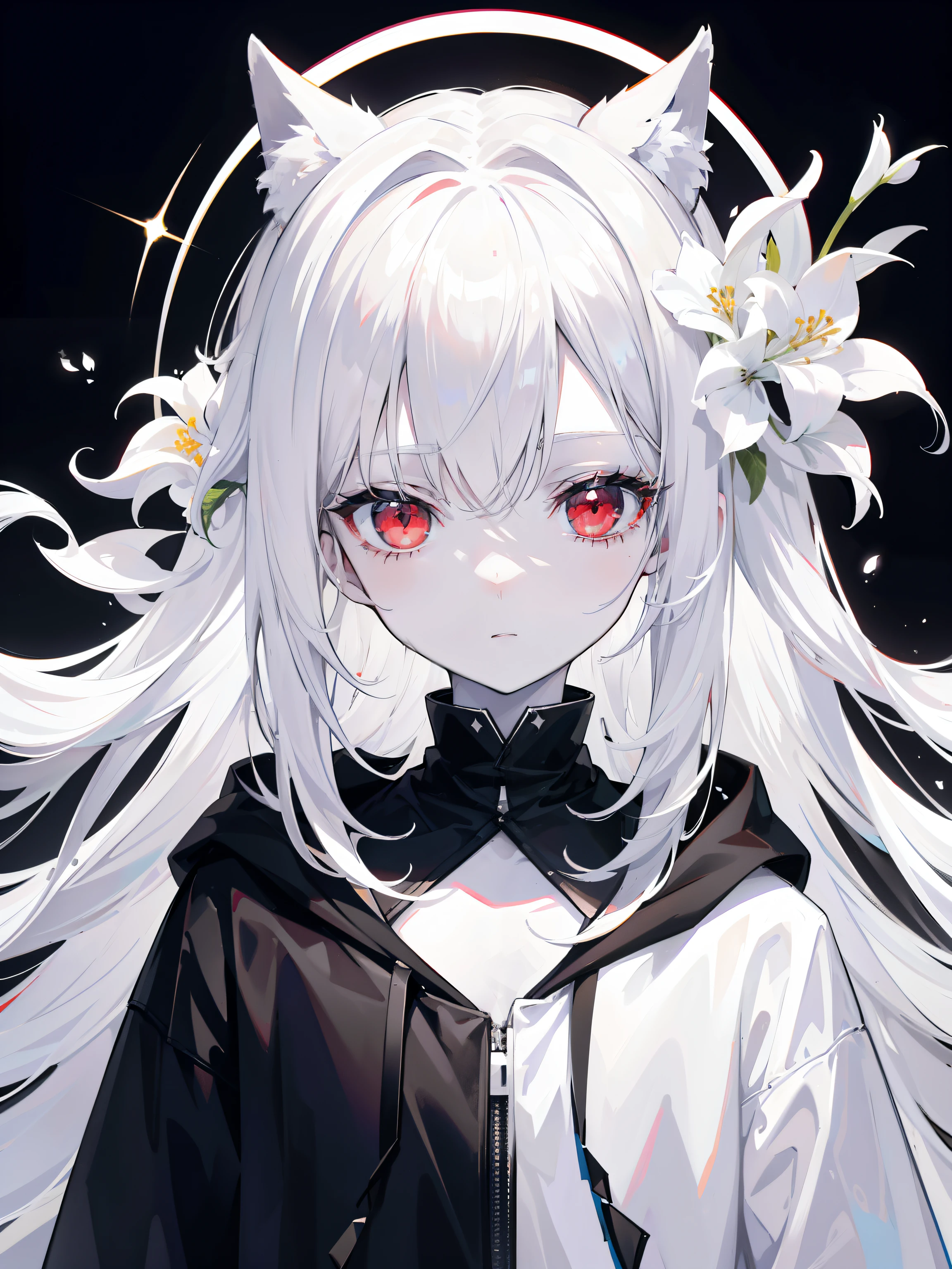Pale skin, White hair, Black hoodie, White flowers, flowers in head, double tails, Loli, Solo,{{Best quality}}, {{Masterpiece}}, {{Ultra-detailed}}, {illustration}, {Detailed light}, Red eyes,Long hair，