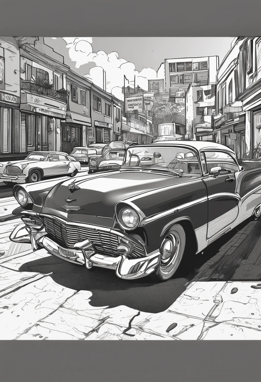 80's classic car, como Pontiac Fiero ou Ford Thunderbird, ultra-detalhado, best quality, vista lateral, preto e branco, em rua movimentada de lojas vintage e restaurantes vintage ao fundo, no shadows