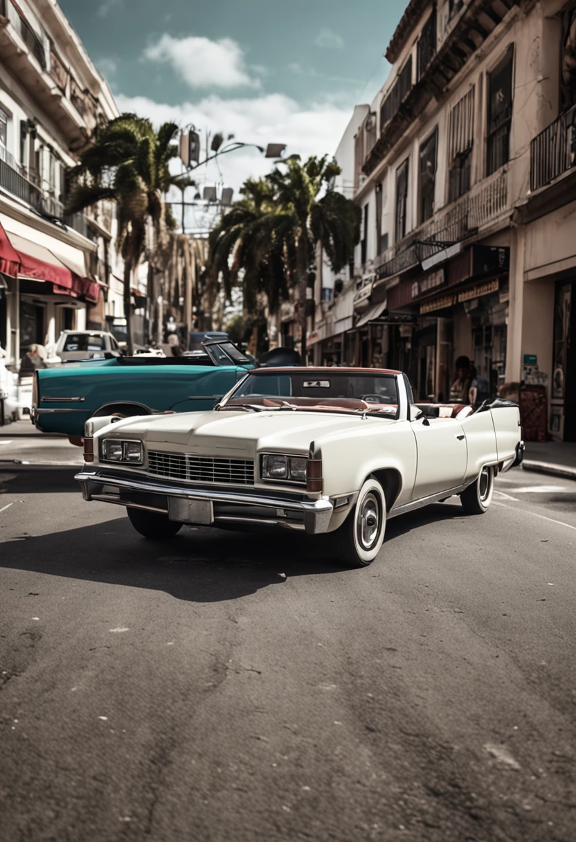 80's classic car, como Pontiac Fiero ou Ford Thunderbird, ultra-detalhado, best quality, vista lateral, preto e branco, em rua movimentada de lojas vintage e restaurantes vintage ao fundo, no shadows