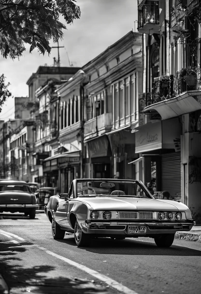 80's classic car, como Pontiac Fiero ou Ford Thunderbird, ultra-detalhado, best quality, vista lateral, preto e branco, em rua movimentada de lojas vintage e restaurantes vintage ao fundo, no shadows