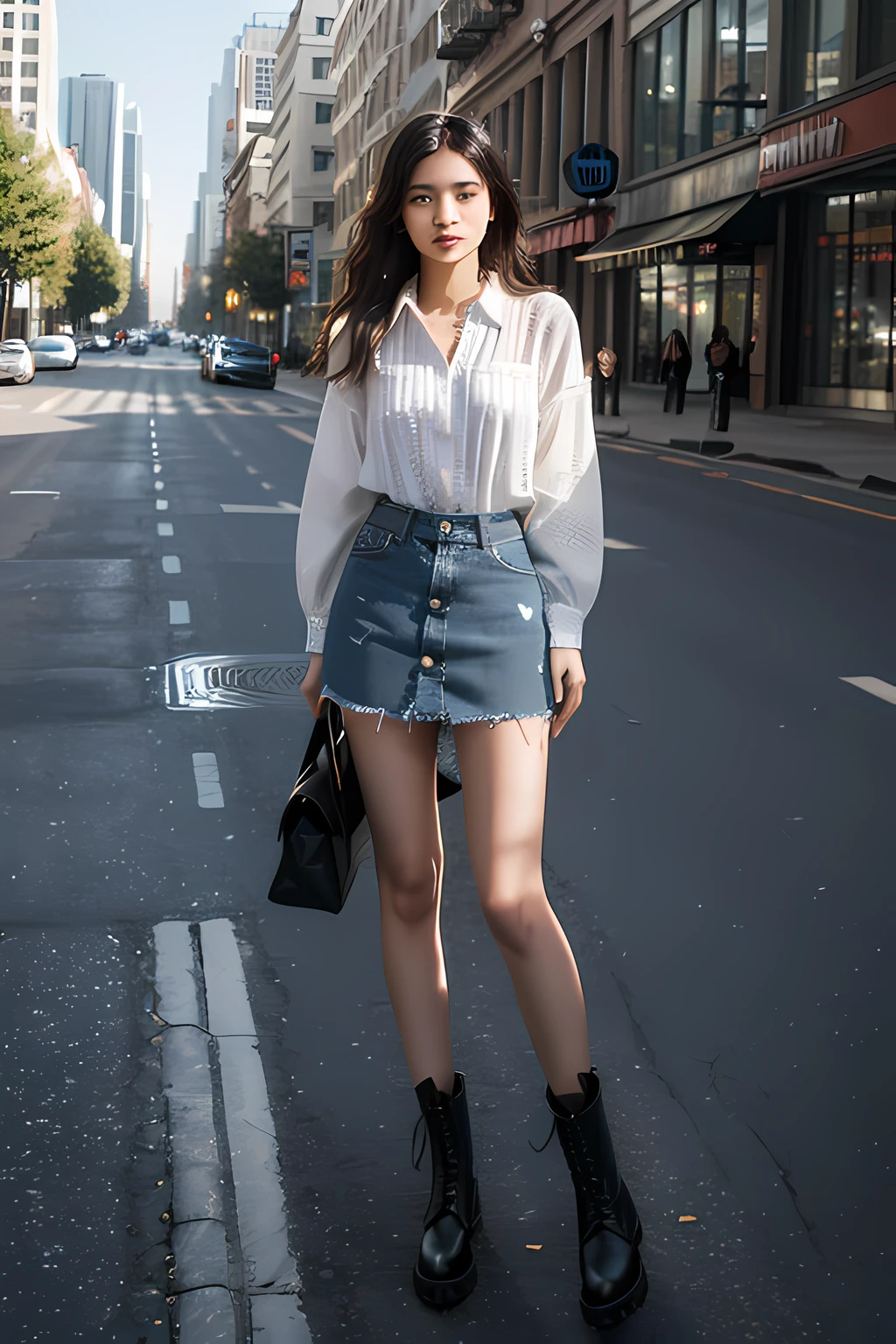(Plaid_button-down_shirt:1.2),(Denim_skirt:1.2),(Combat_boots:1.2),(Street_art_background:1.2),
(full body:1.2),looking_at_viewer,eye-contact,
1girl,solo,(slim girl:1.2),long hair,messy hair,flat breasts,(narrow waist, narrow crotch:1.2),(prehensile hair:1.2),
(masterpiece, top quality, official art, beautiful and aesthetic:1.2),(fractal art:1.3),extremely delicate and beautiful,Amazing,finely detail,ultra-detailed,highres,best illustration,best shadow,([:intricate:0.2]:1.4),depth of field,sharp focus,volumetric fog,8k UHD,DSLR,high quality,(film grain:1.4),Fujifilm XT3,