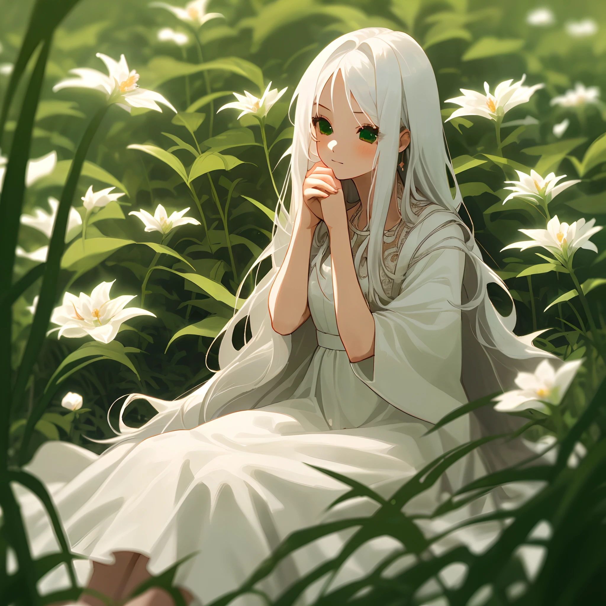 masterpiece, best quality),1girl with long white hair sitting in a field of green plants and flowers, hand under chin, warm lighting, white dress, blurred foreground