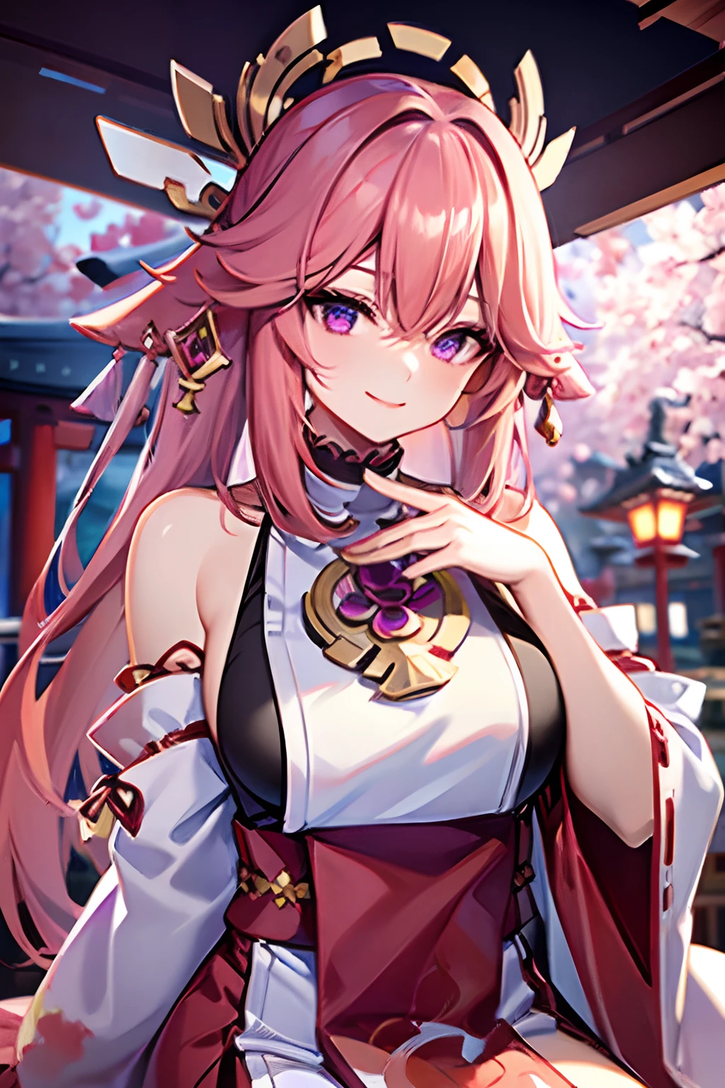1girl, (ulzzang-6500:0.7), kpop idol, yae miko, detached sleeves, bare shoulders, pink hair, long hair, japanese clothes, best quality, (painting:1.5), (hair ornament:1.35), jewelry, purple eyes, earrings, breasts, torii, cherry blossoms, lantern light, depth of field, detailed face, face focus, ribbon_trim, (looking at viewer:1.25), nontraditional miko, shiny skin, long sleeves, smile, thick lips, game cg, hands on lips, east asian architecture, (blurry background:1.2), sitting, upper body,