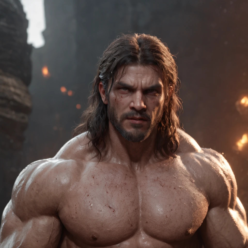 (professional 3d render:1.3) af (Realistic:1.3) most beautiful artwork photo in the world，Features soft and shiny male heroes, ((Epic hero fantasy muscle man rough wet hero angry look long hair short beard and ferocious expression in dynamic pose, Fantastic location, Majestic cluttered environment)), full body 8k unity render, action  shot, skin pore, very dark lighting, heavyshading, Detailed, Detailed face, (vibrant, photograph realistic, Realistic, Dramatic, Dark, Sharp focus, 8K), (Old leather garments damaged by weathering:1.4), ((((Wear fur)))), (Intricate:1.4), decadent, (Highly detailed:1.4), Digital painting, rendering by octane, art  stations, concept-art, smooth, Sharp focus, illustration, Art germ, (loish:0.23), wlop ilya kuvshinov, and greg rutkowski and alphonse mucha gracias, (Global illumination, Studio light, volumettic light), heavy rain, particles floating, lotr, fantasy, elf, full bodyesbian, ((Dark and ancient city background:1.3)),CGSesociety,art  stations