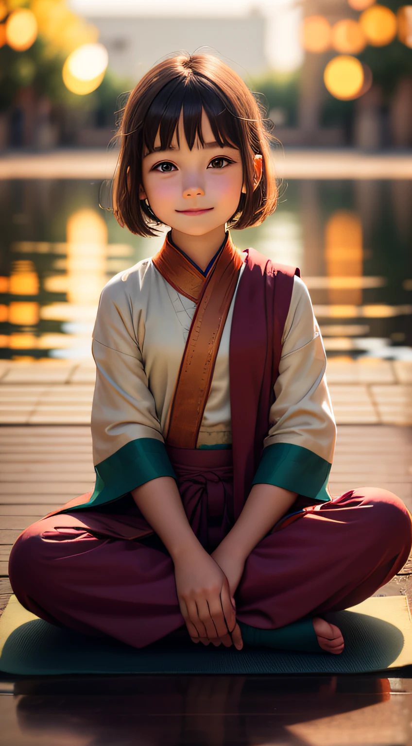  girl in monk's clothes,Front focal length， sitting facing in lotus pose meditating, with her eyes open looking at the viewer, floating above the ground, happy, slightly smiling, photorealistic, bokeh, particles of light