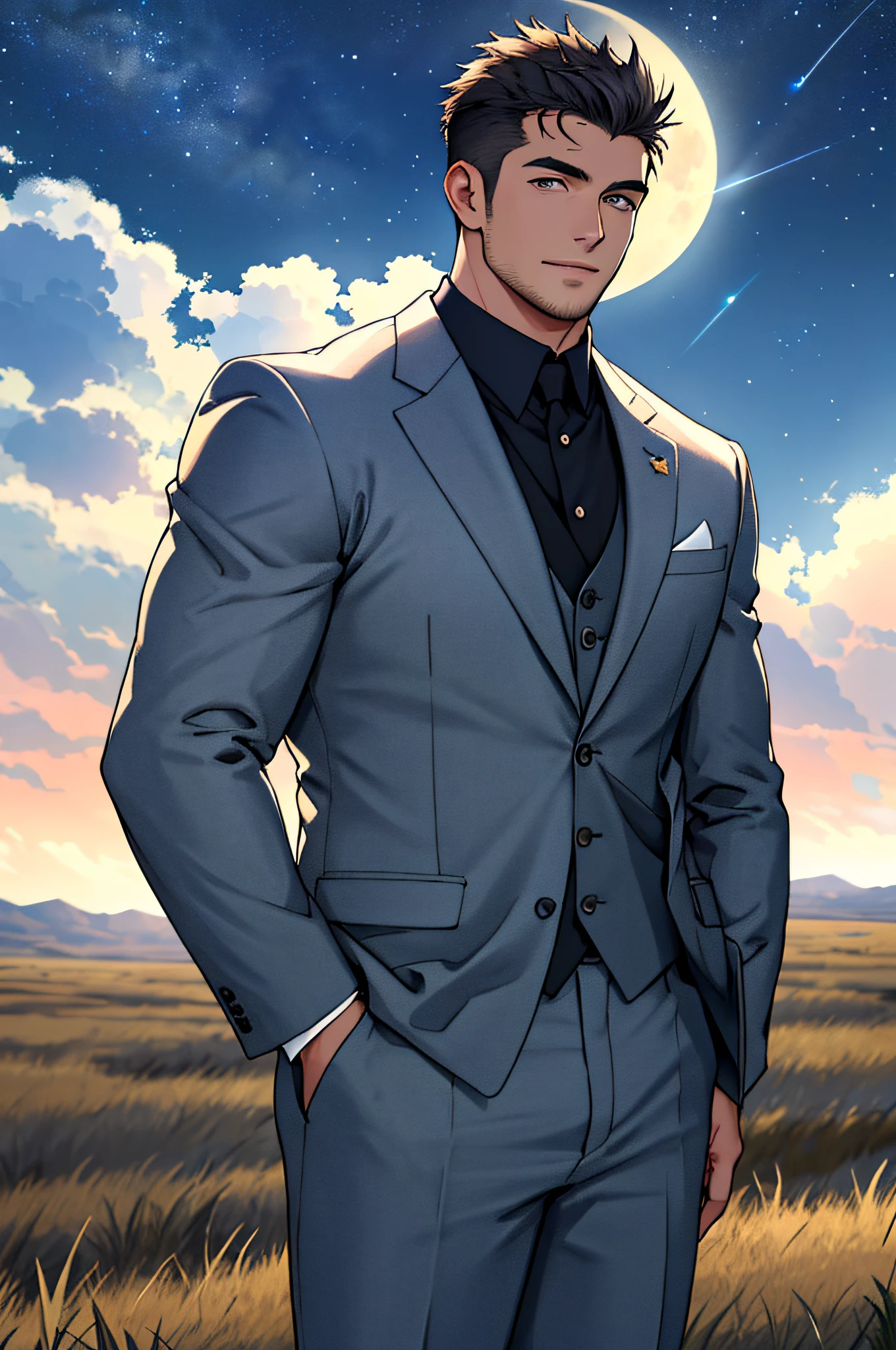 Draw a full-fledged footballer,Standing on the steppe at night,Quiet and comfortable background,He wears the same suit as the country's president,The suit fits perfectly,rays of sunshine,cheerful,Handsome,eyes with brightness,The man looks confident and determined,looking-down,Crew cut,full bodyesbian,Stars dot the sky,shooting from below,Big moon highlights background